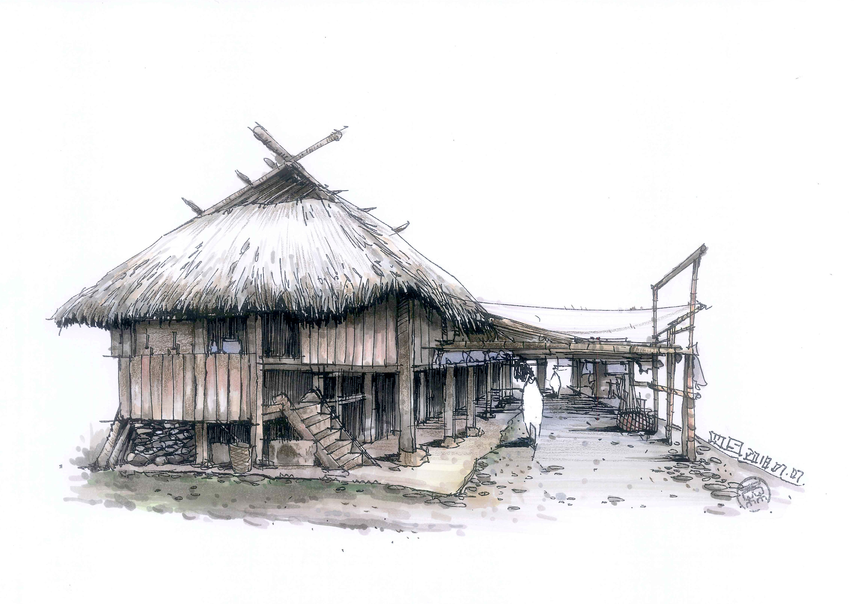 边走边画—云南翁丁村佤族少数民族建筑手绘