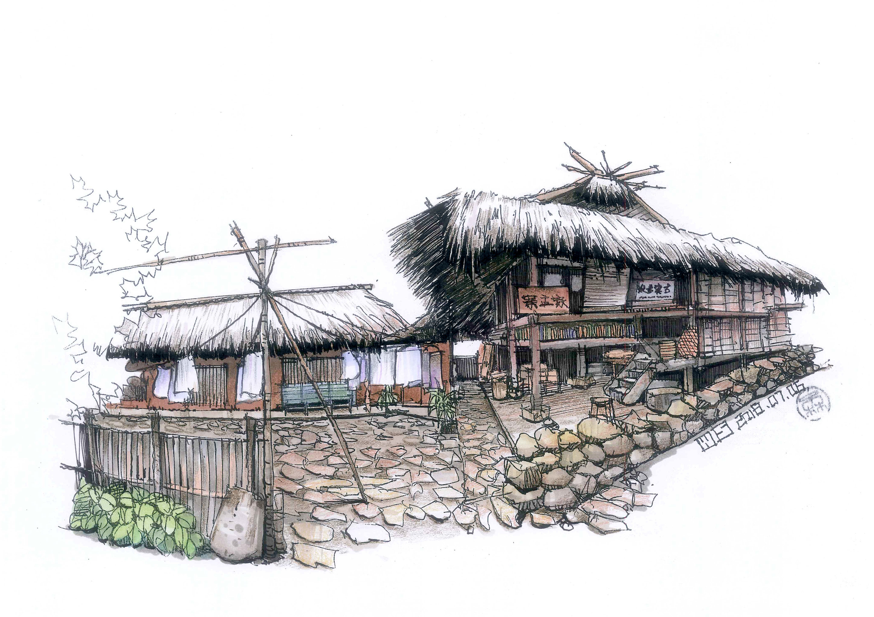 边走边画——云南翁丁村佤族少数民族建筑手绘