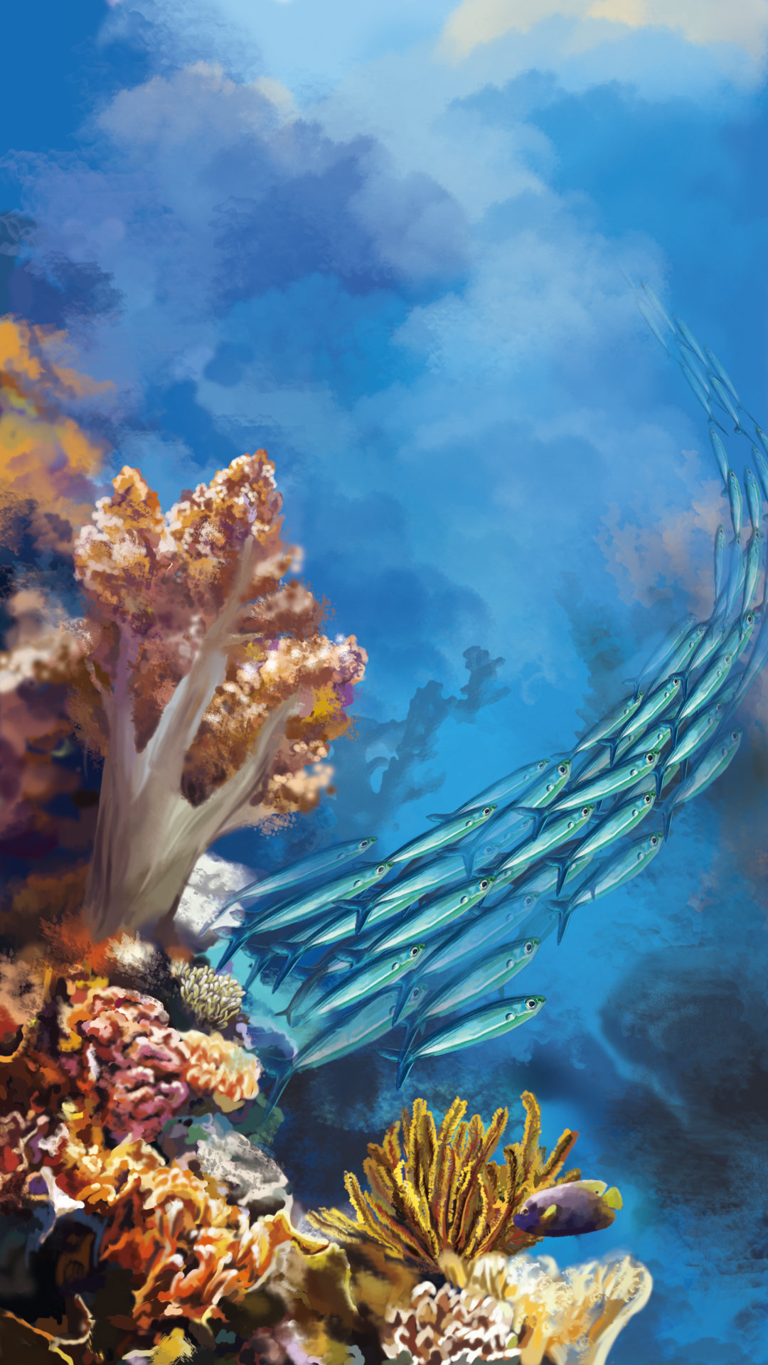 海底世界的奇幻和多彩,加上流动的鱼群仿佛游向了远方的天际,形成一道