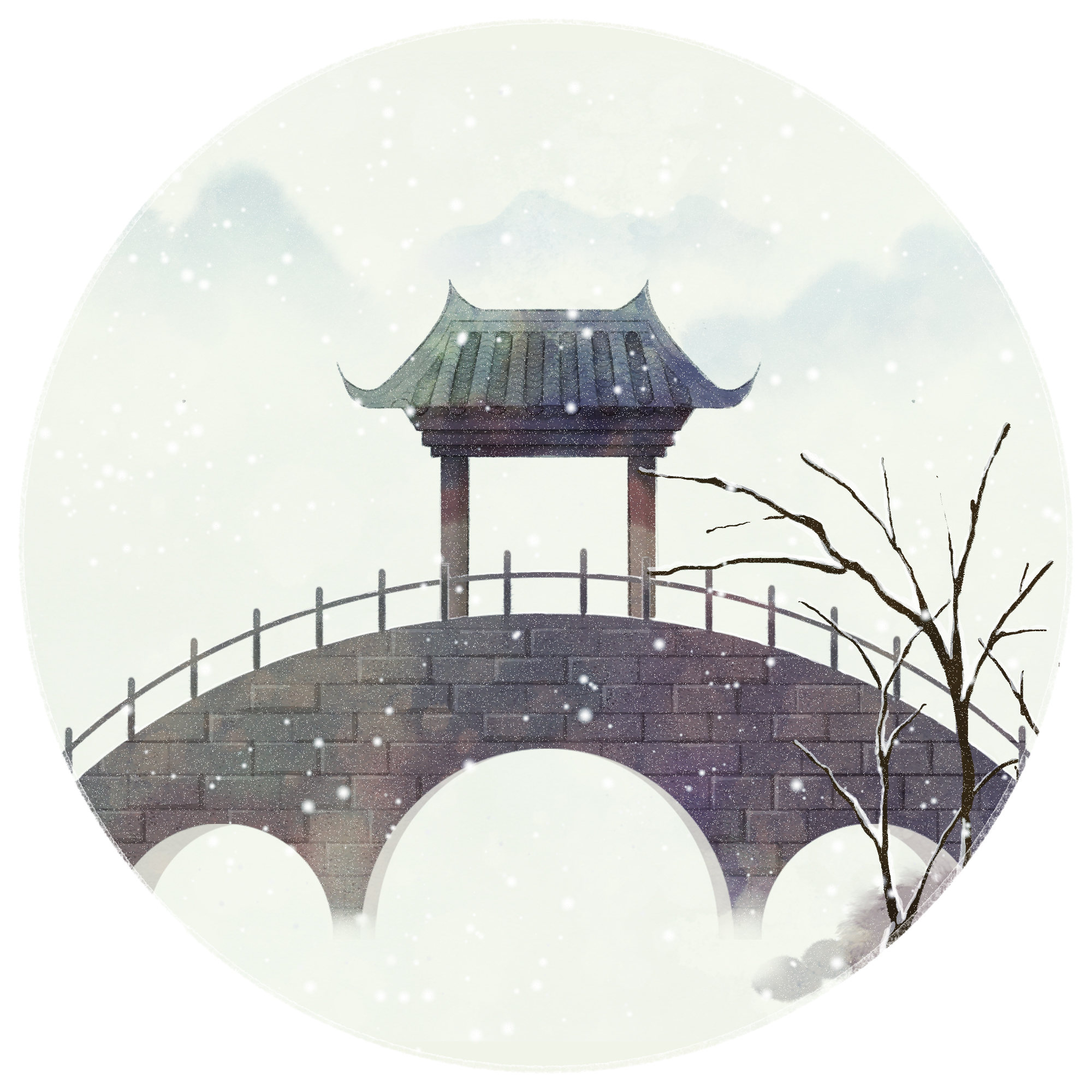 水彩水墨风场景小桥古亭节气冬