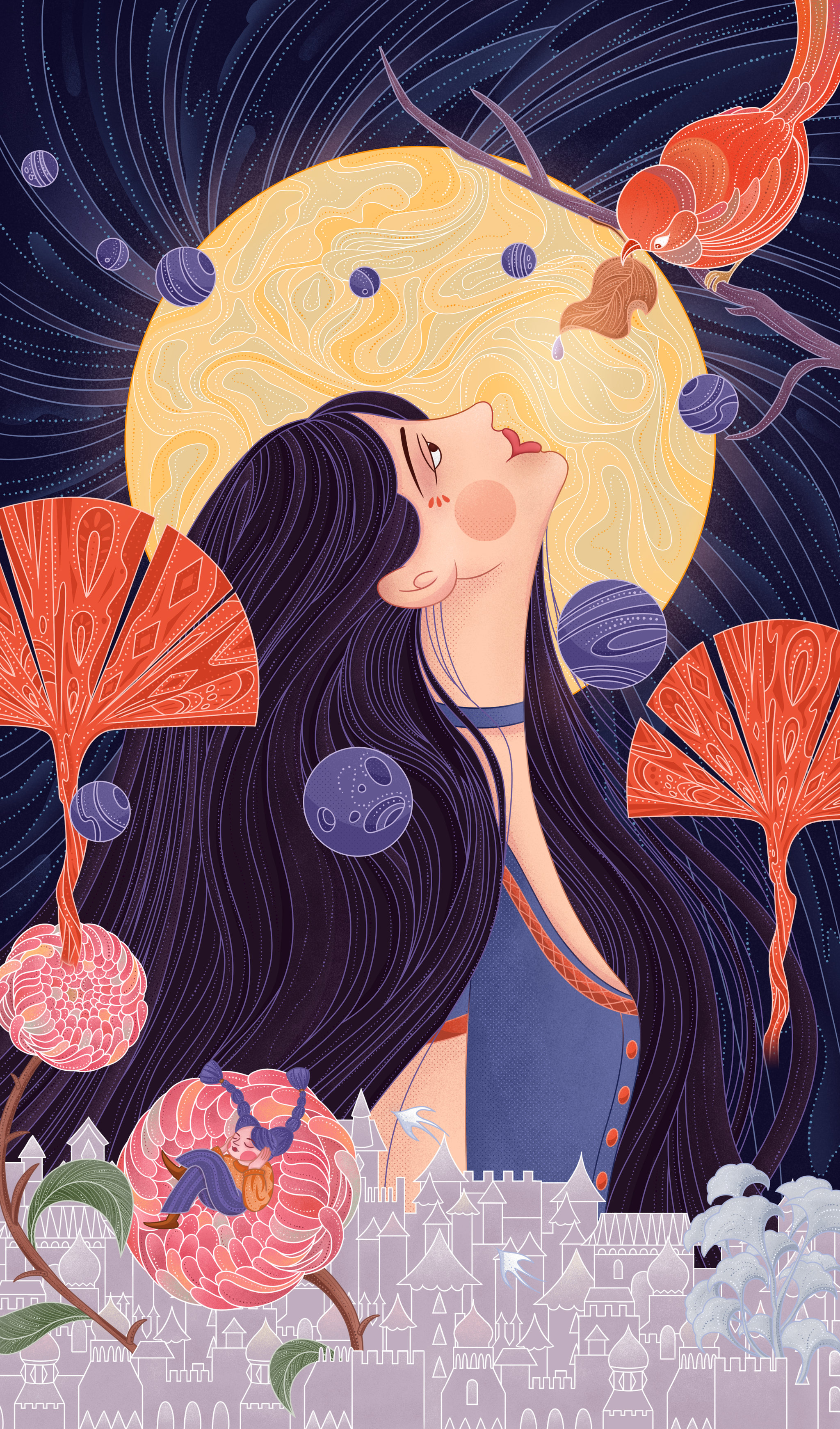 中国风线性插画秋分浪漫美女国潮风