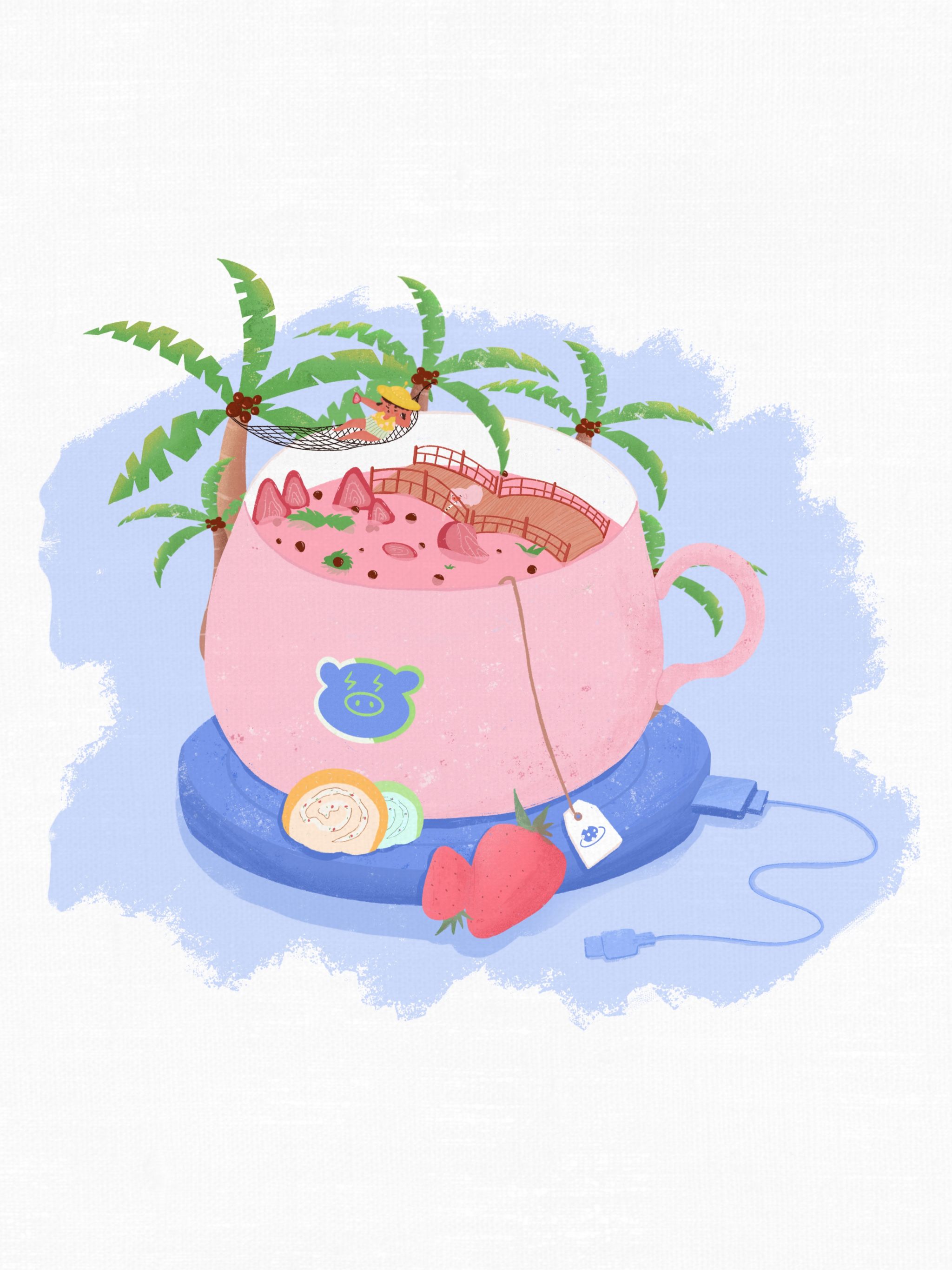 创意水果草莓味奶茶夏天冷饮插画
