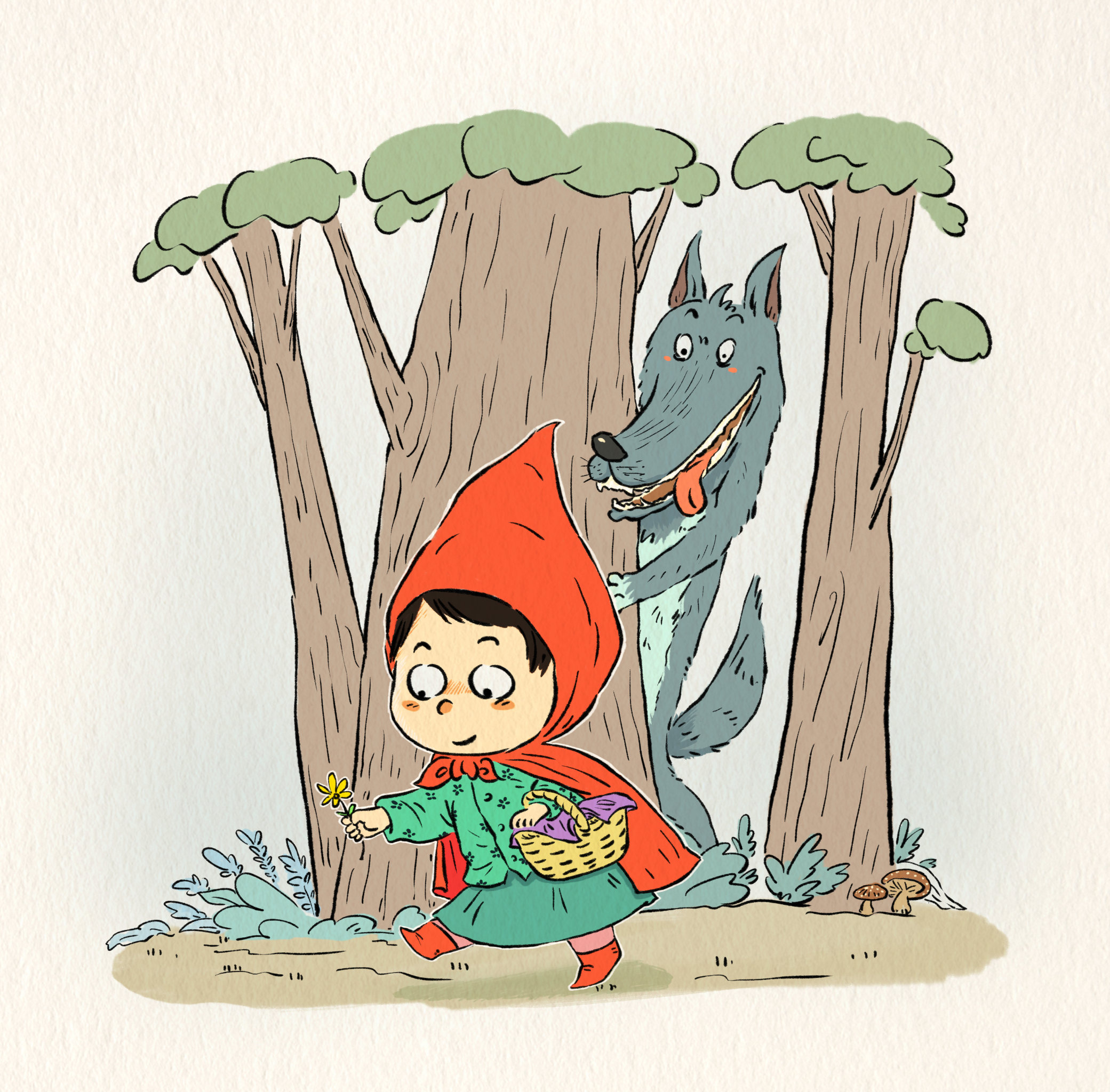 童话故事小红帽看外婆大灰狼和猎人的插画