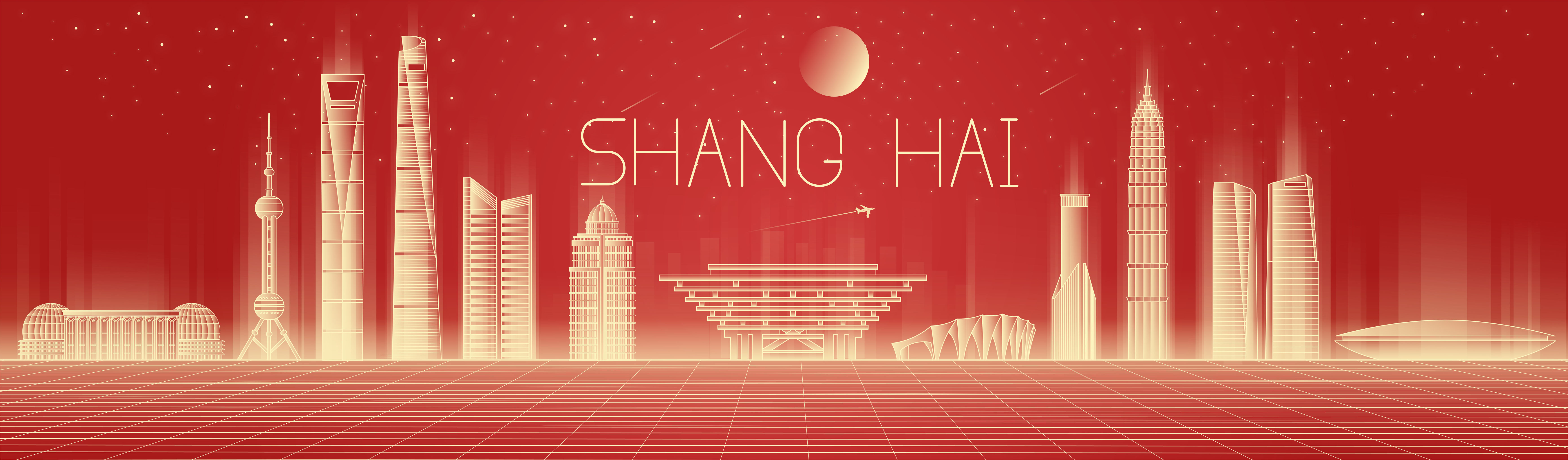 线性红金科技感上海地标建筑城市矢量插画