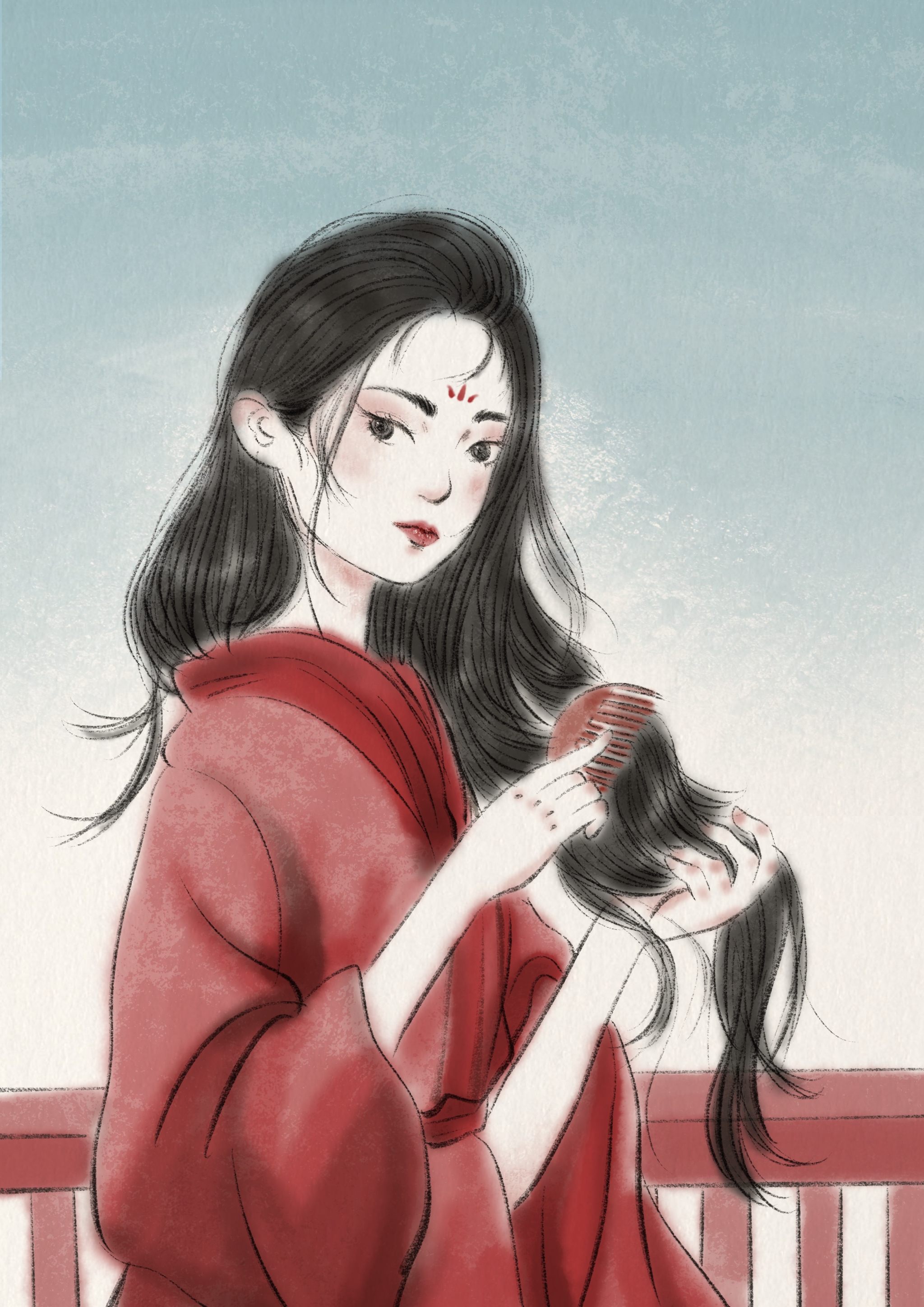 梳头的古代红衣女子