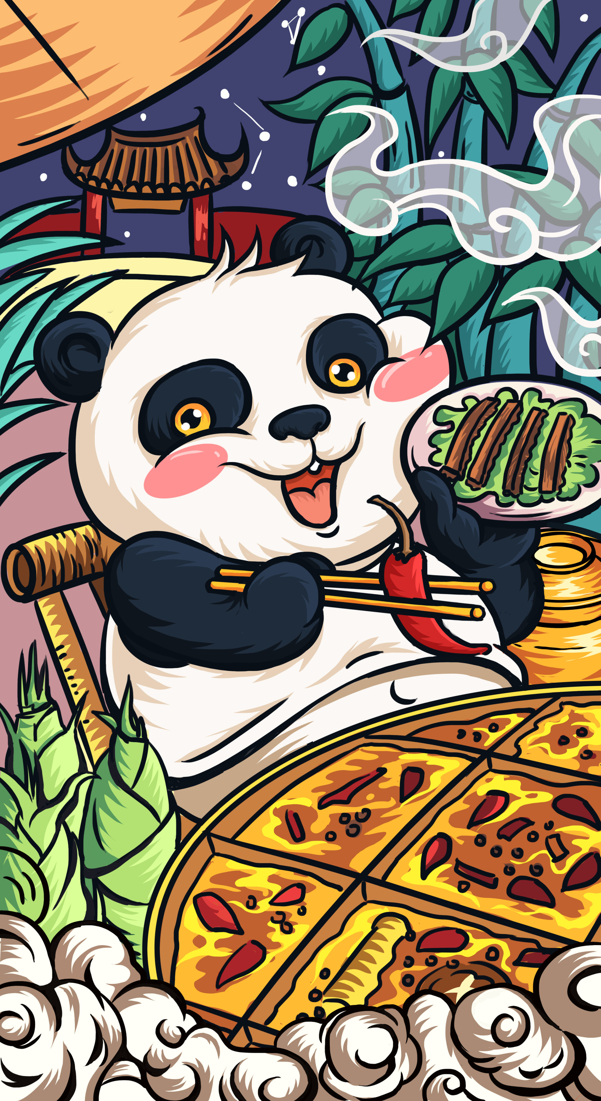 国潮风四川成都大熊猫可爱吃火锅海报贴纸文化宣传国风插画