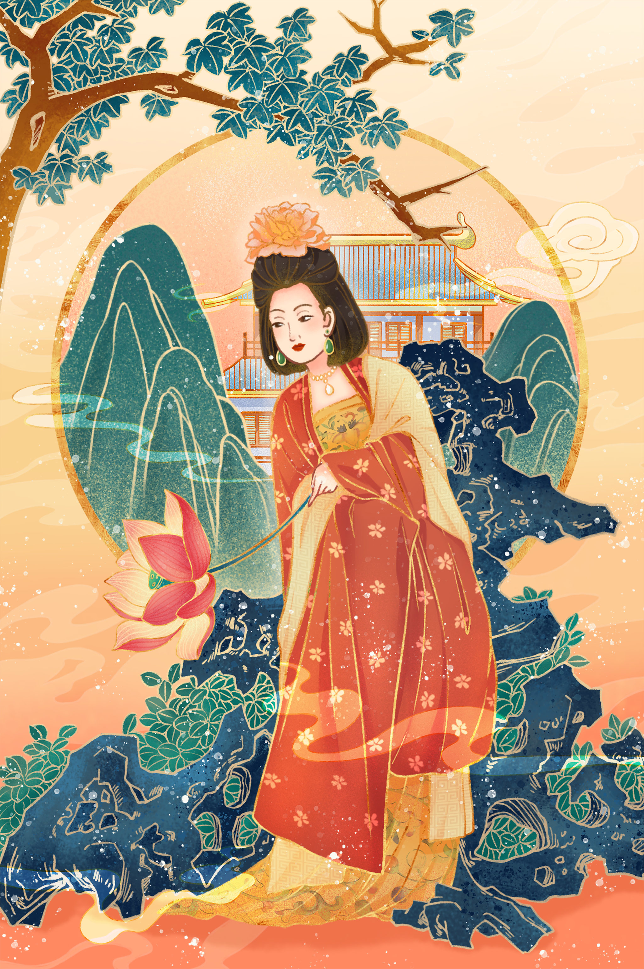 国潮烫金风仕女图插画