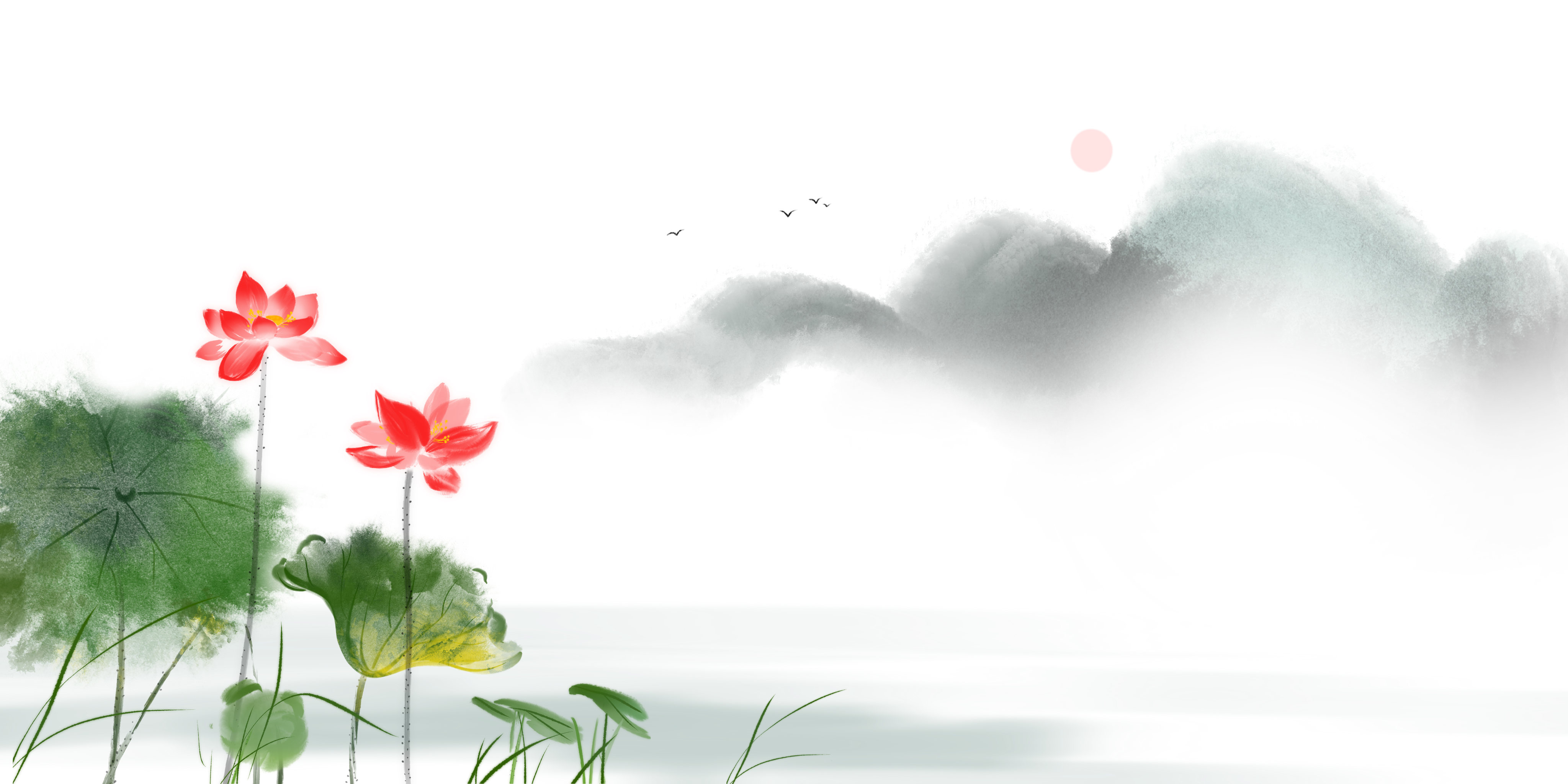 水墨国风荷花山水画壁纸