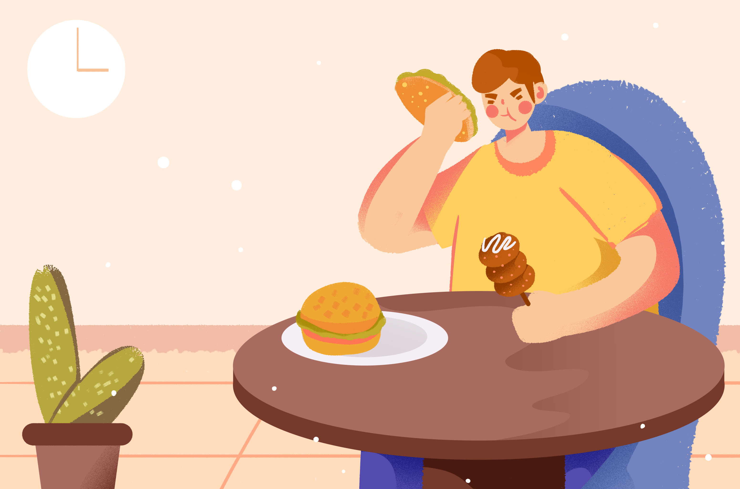 卡通手绘胖子吃汉堡插画