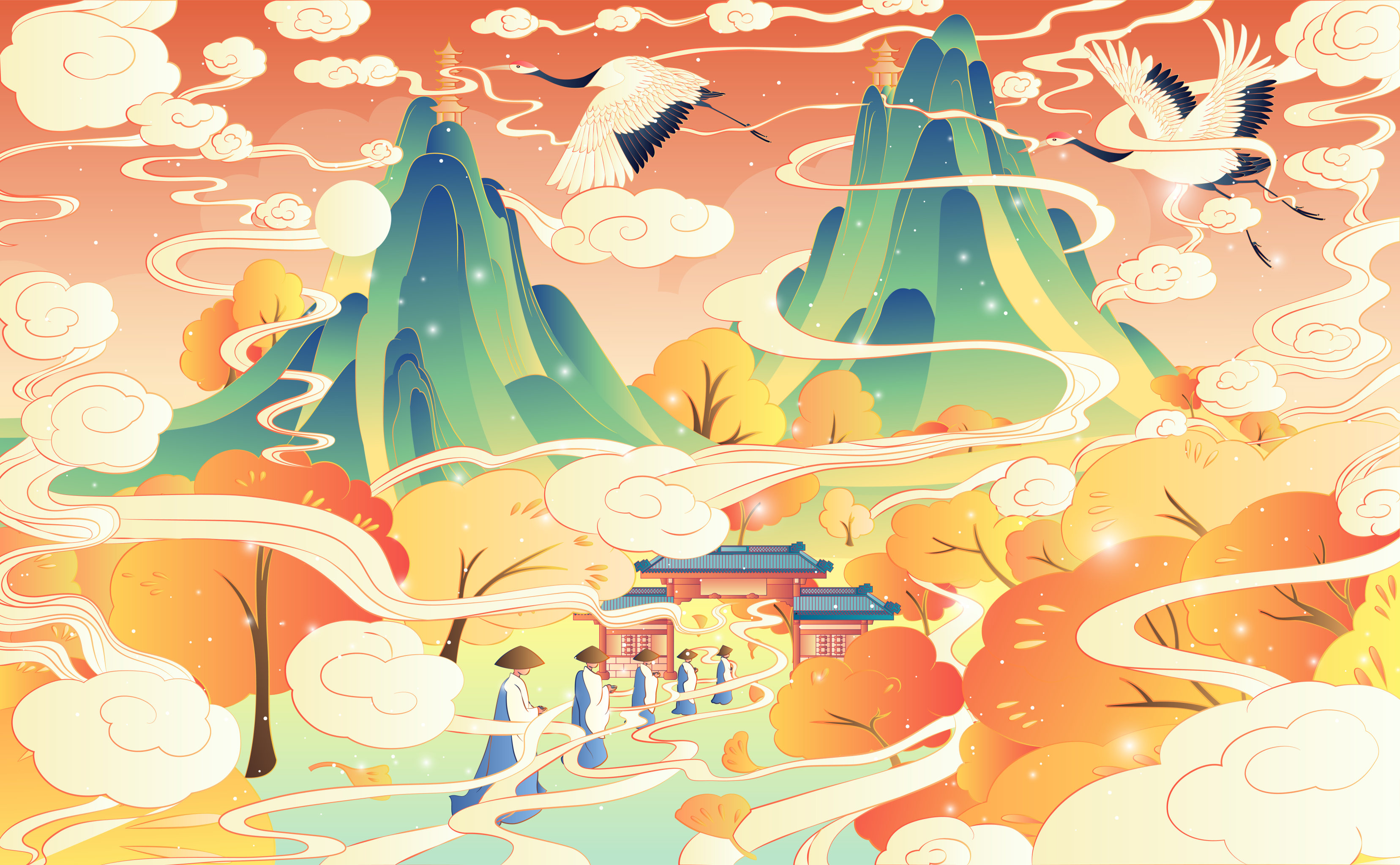 杭州西湖国潮风西湖十景系列风景插画双峰插云