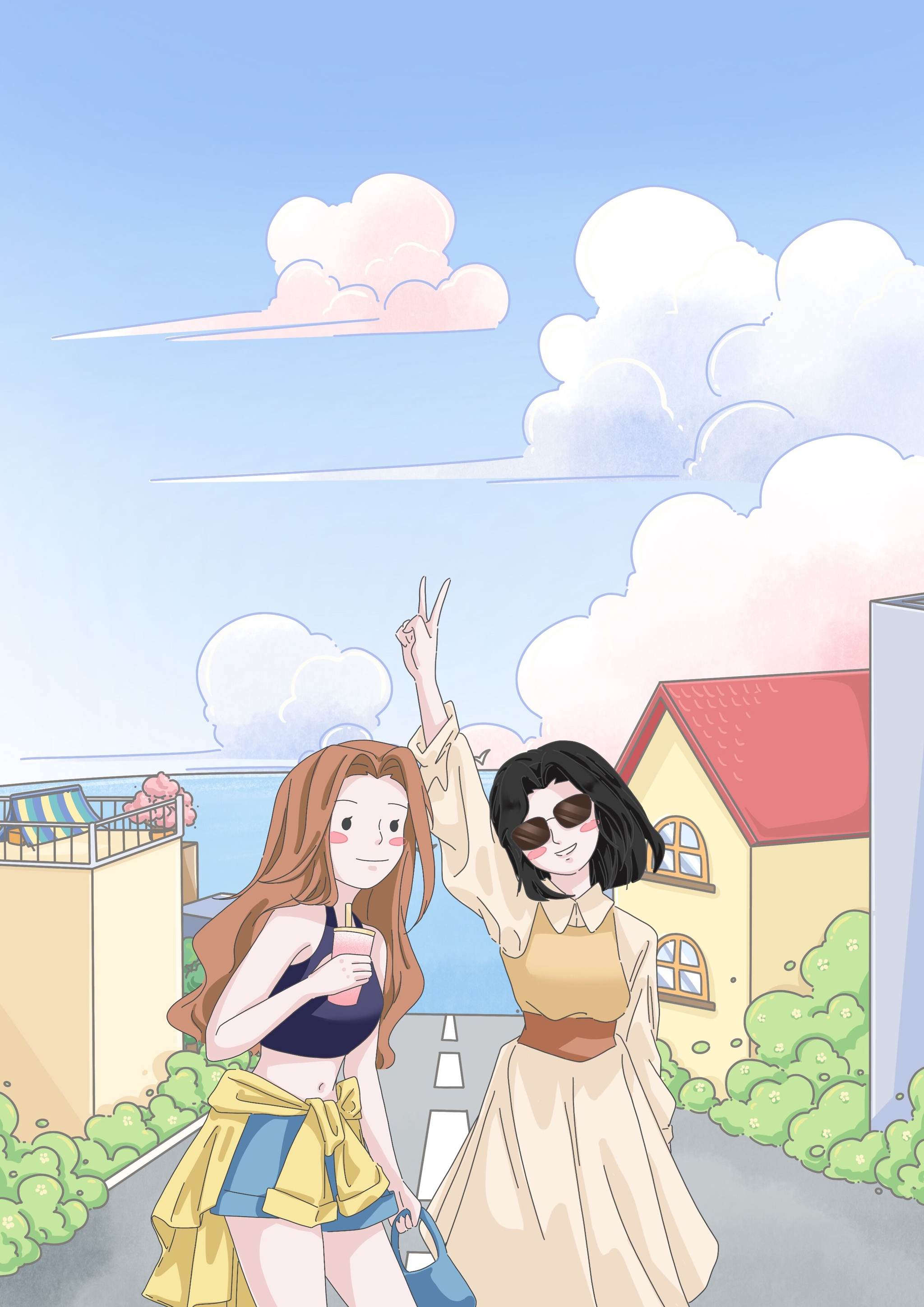 海边女孩旅游插画