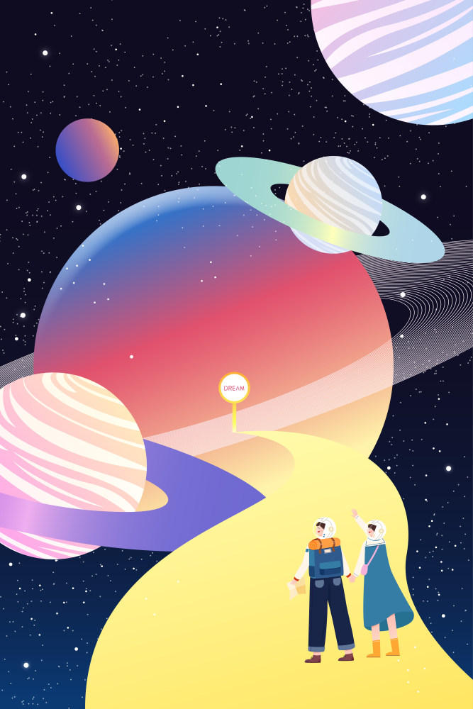 年轻情侣牵手在太空旅行矢量插画竖图