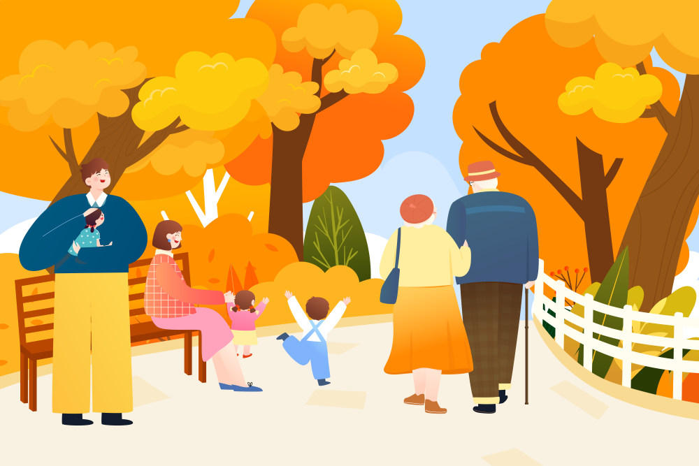 一家三代人在公园里玩得开心矢量插画
