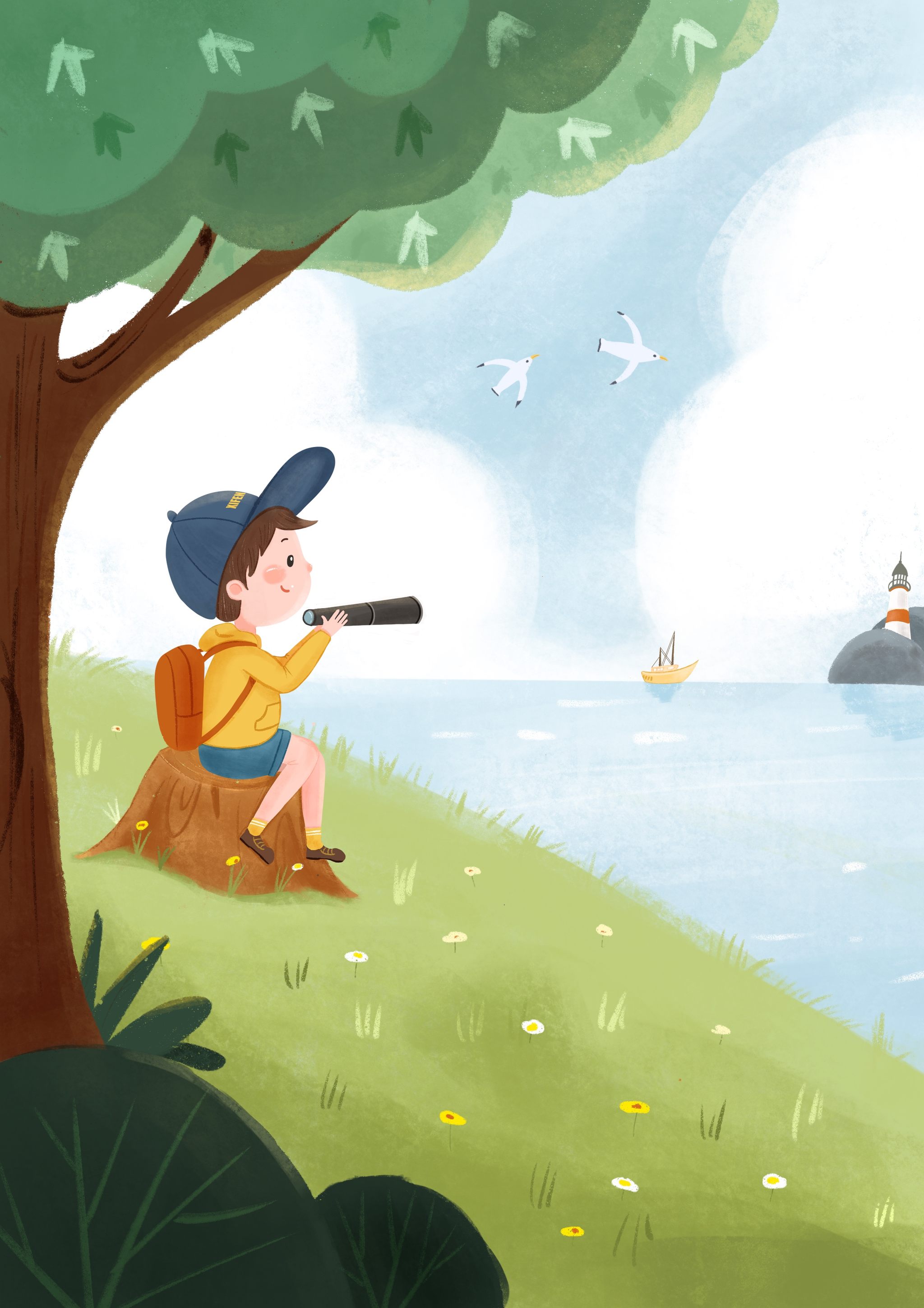 儿童插画之夏季森林冒险之旅,寻找灯塔上的风景