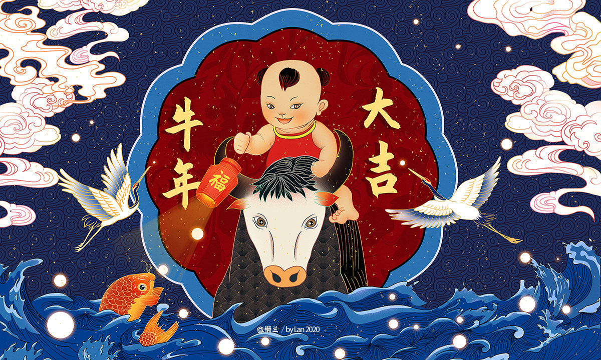 2021牛年大吉年俗春节 骑在牛背上的娃娃