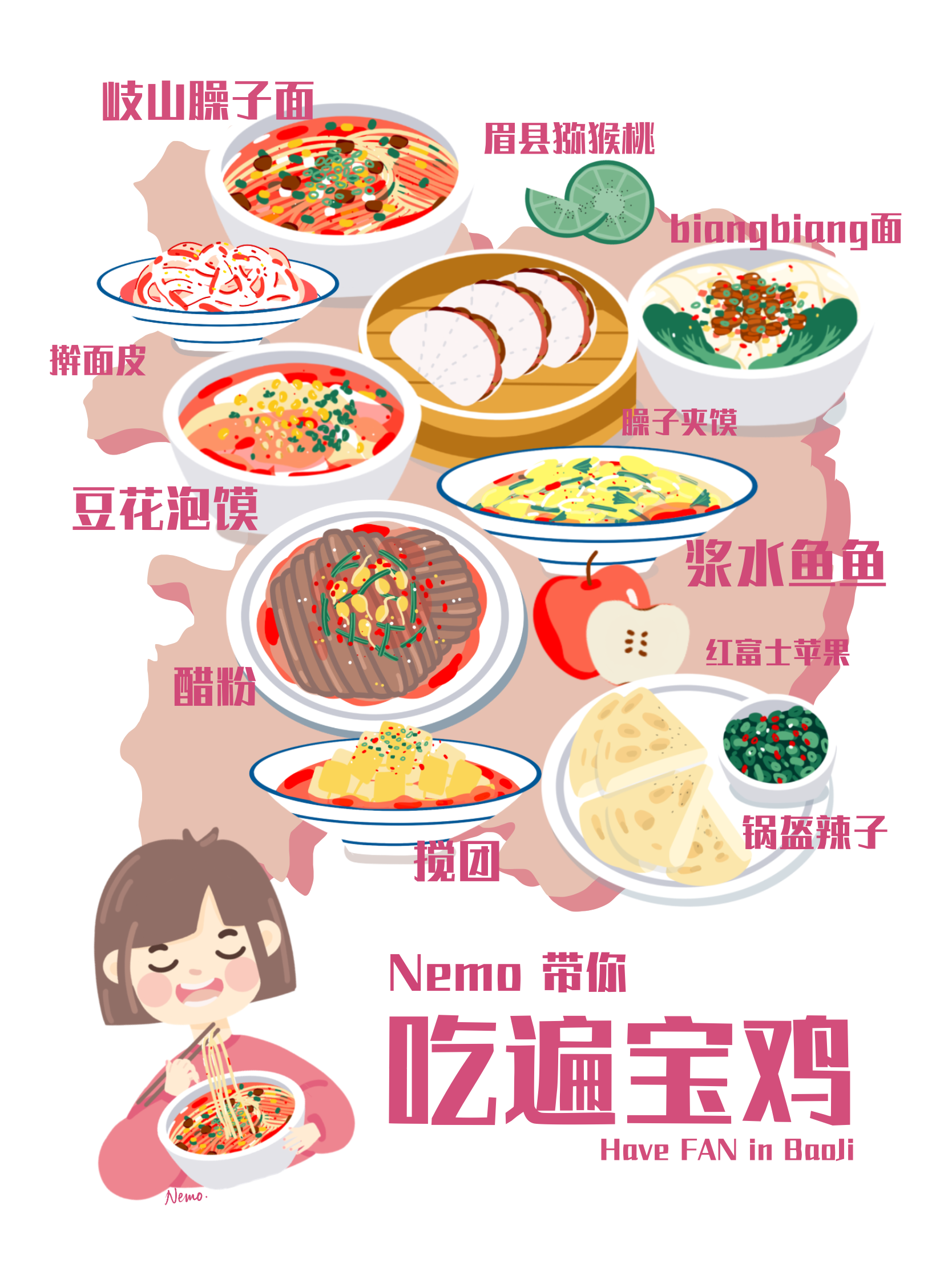 地图插画宝鸡美食