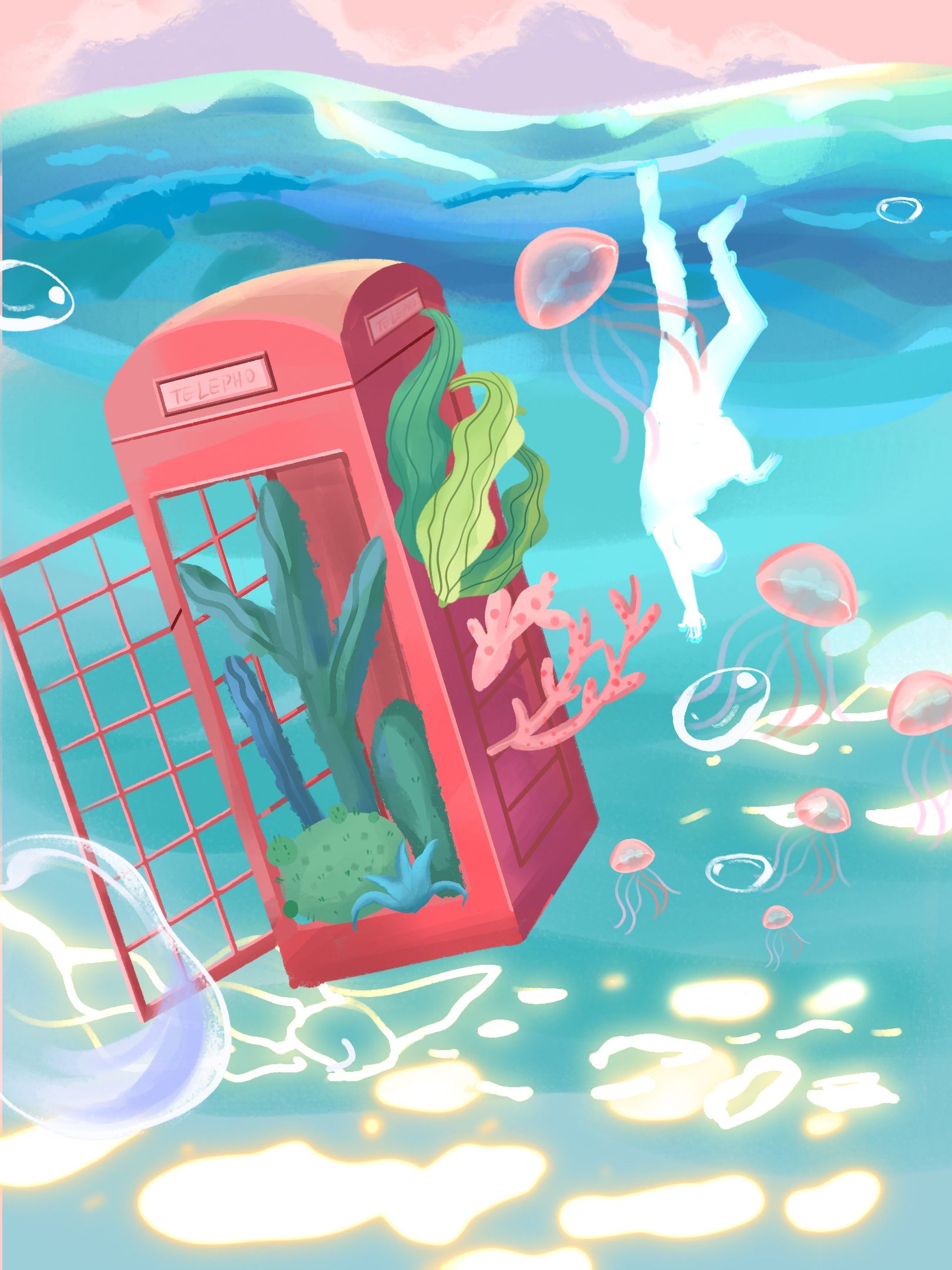 二次元治愈风插画少女与水母