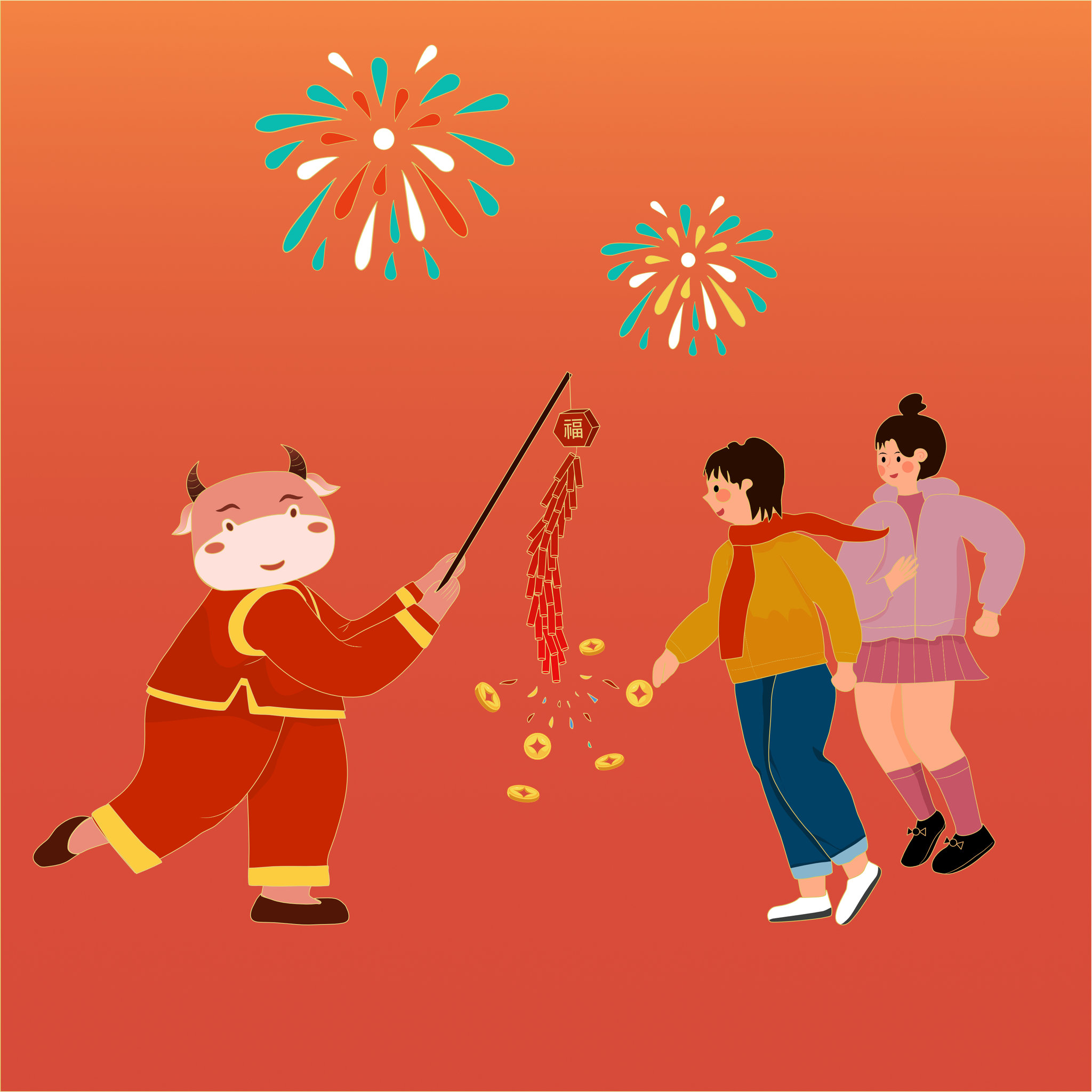 2021牛年插画-牛转钱坤