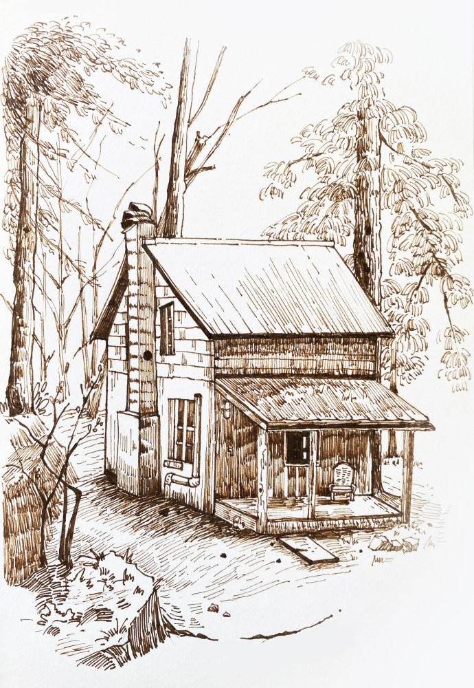 森林小屋手绘素描钢笔速写