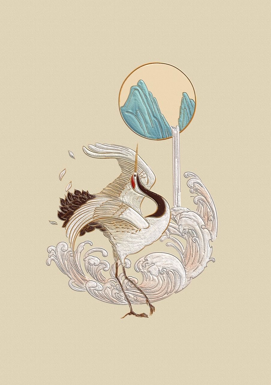 掐丝珐琅装饰画仙鹤手绘插画