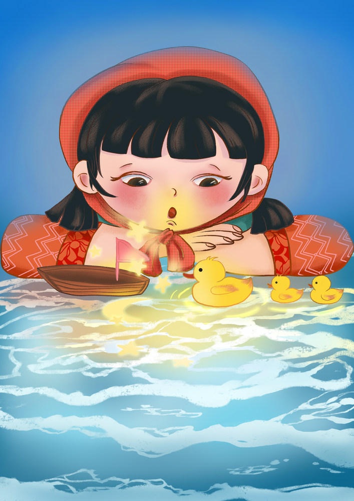鸭子女孩童话卡通人物插画帆船海水浪花