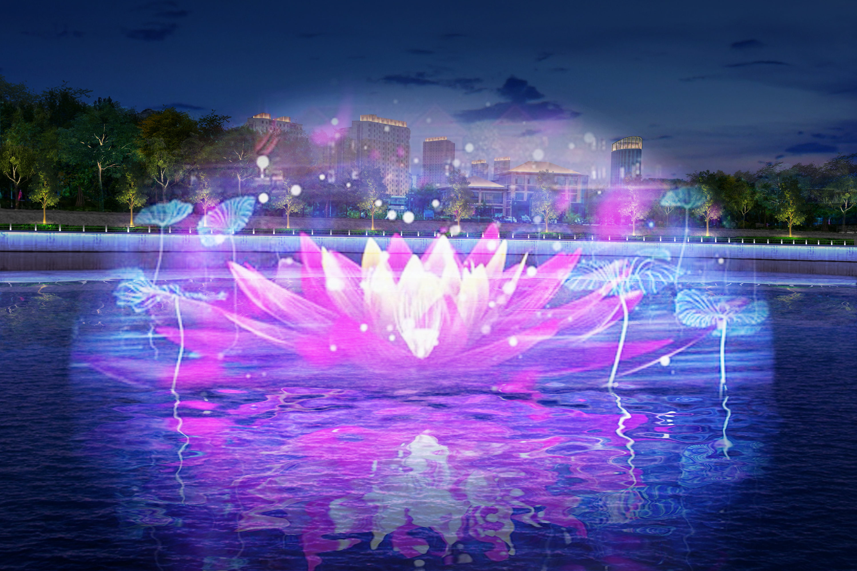 水幕投影效果图,水幕灯光秀图片分享,水幕灯光秀设计素材