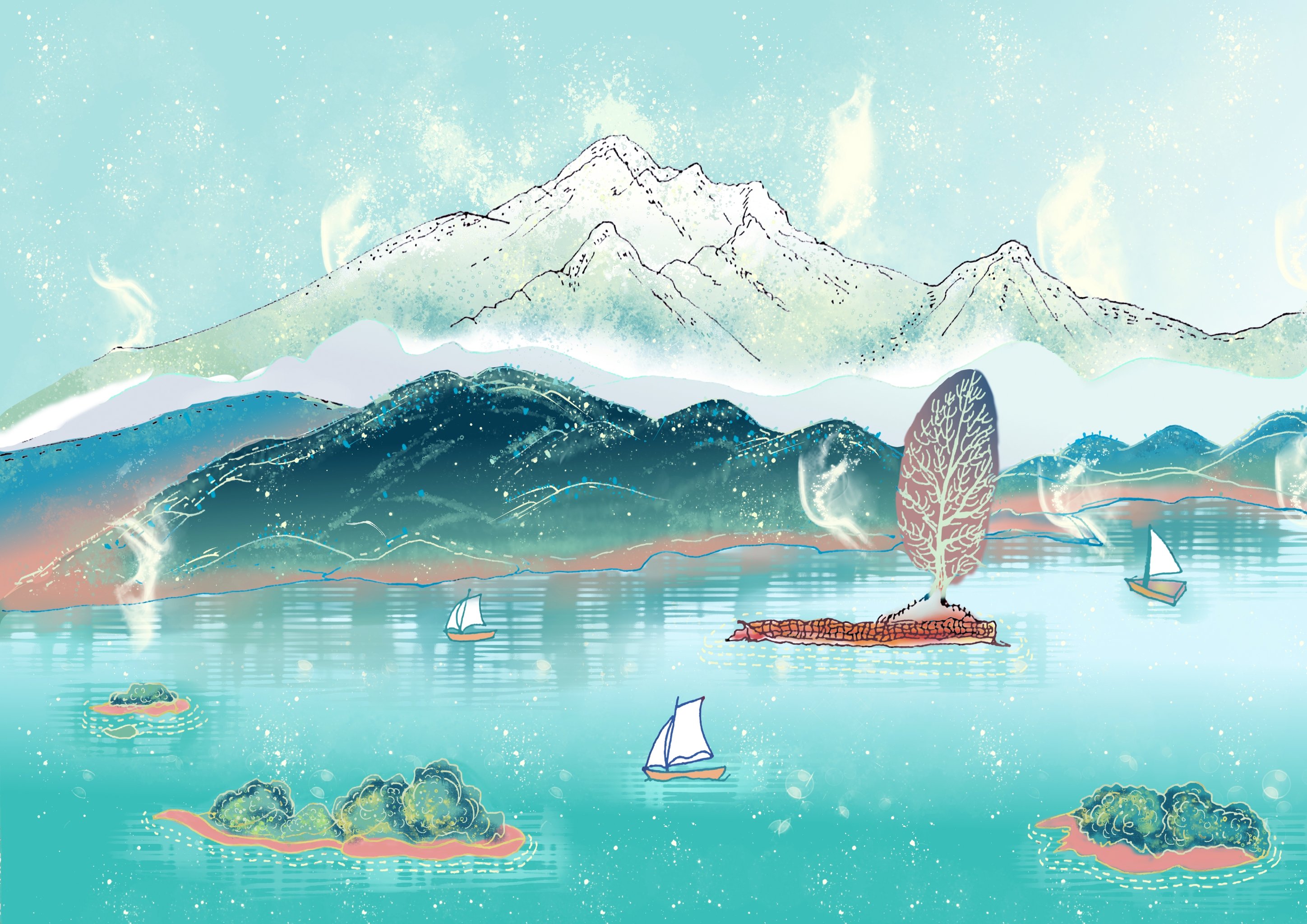 大理城市山水风光插画壁纸