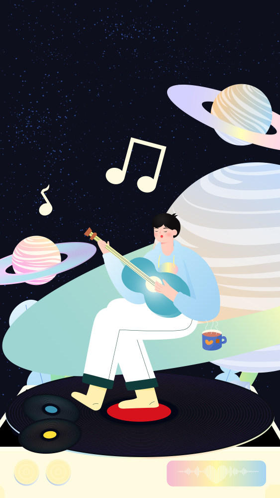 男孩坐在星球上唱歌浪漫矢量插画竖图