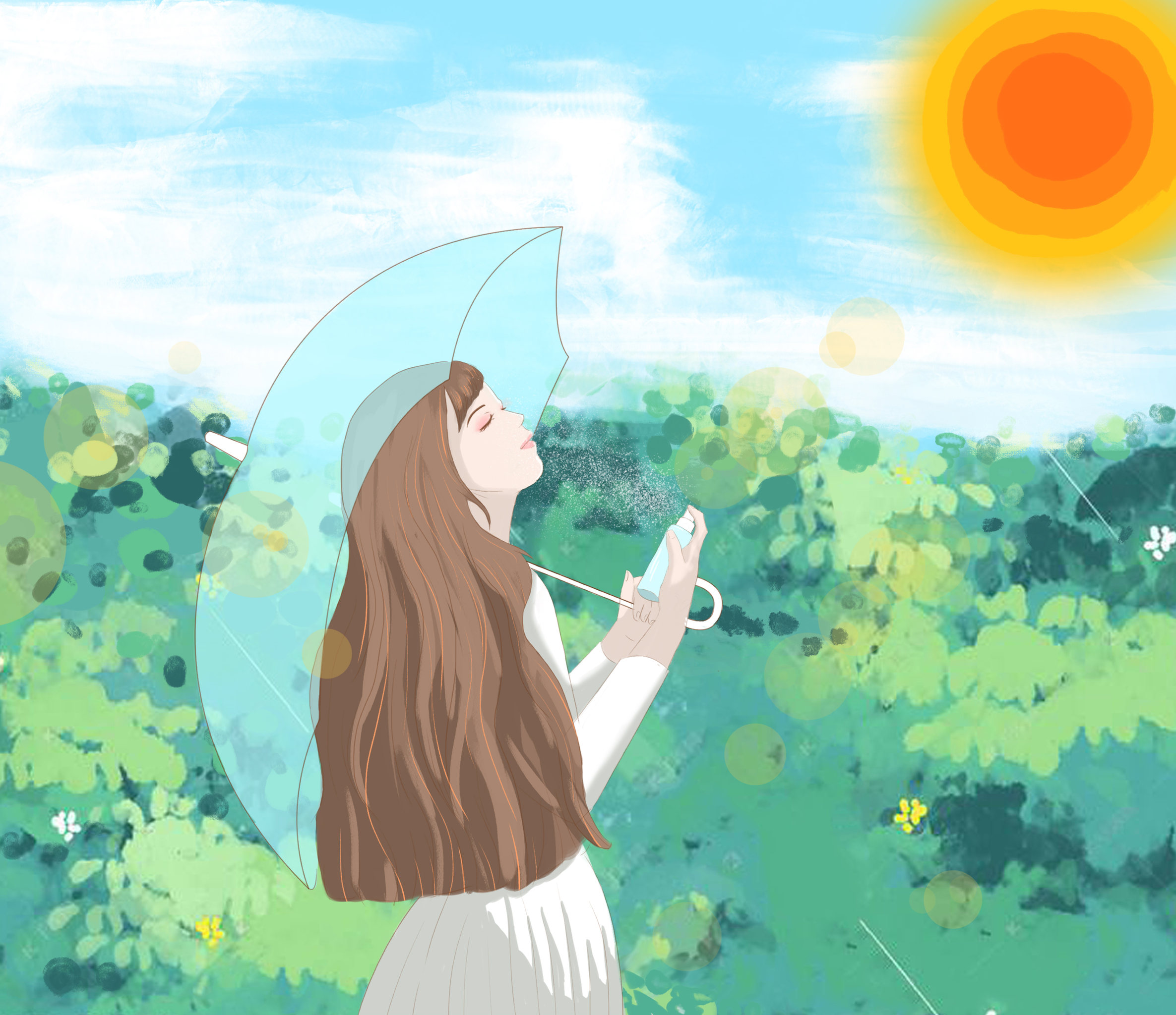 夏天用喷雾打伞的女孩