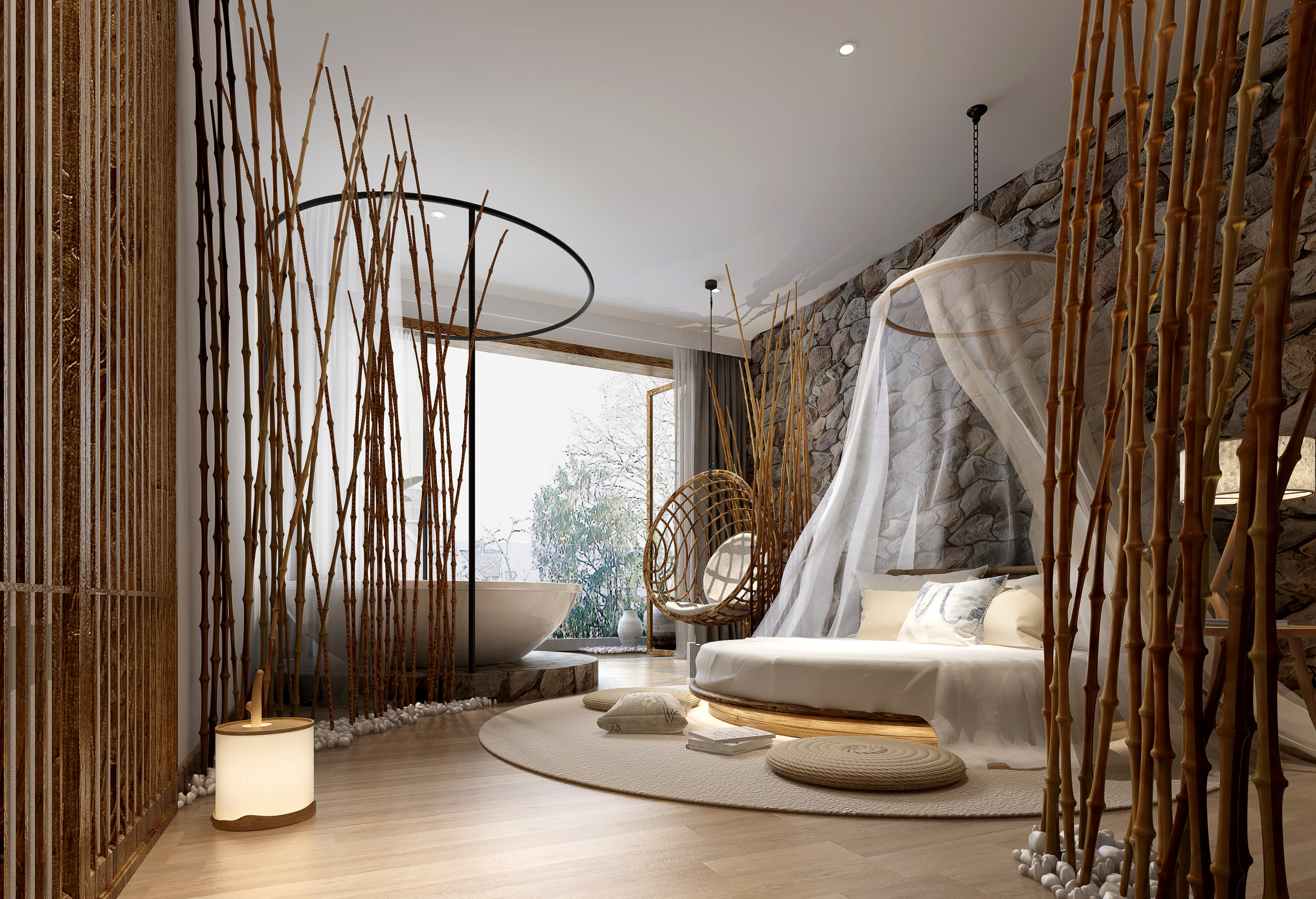 叠翠别苑竹空间民宿设计,以竹为主要设计元素及材料创作本案