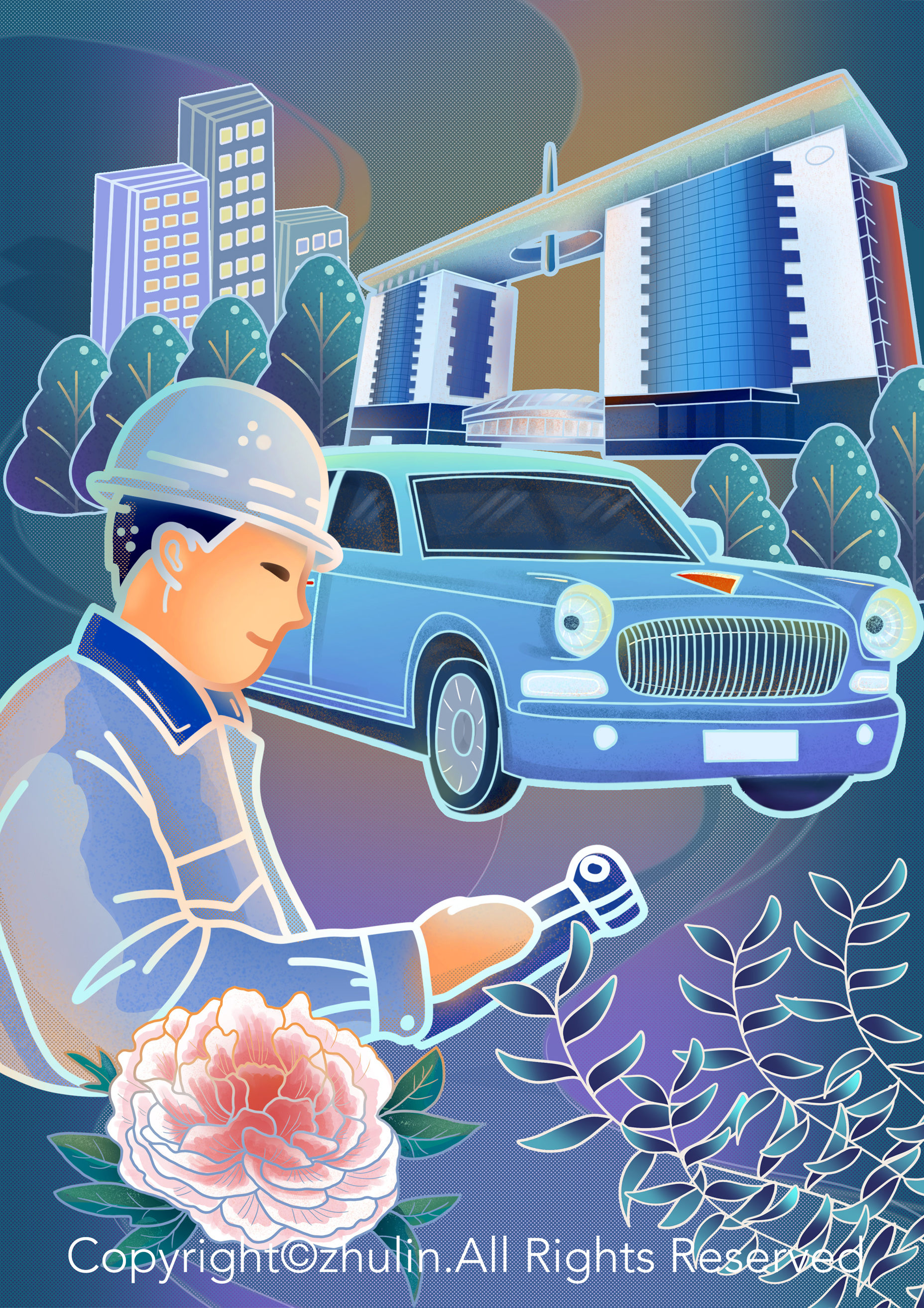 中国第一汽车厂红旗汽车中国一汽建筑大楼商业插画