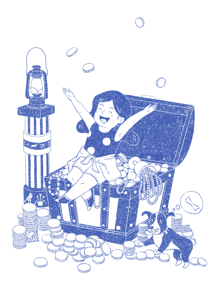 蓝色单色宝藏人物可爱肌理插画