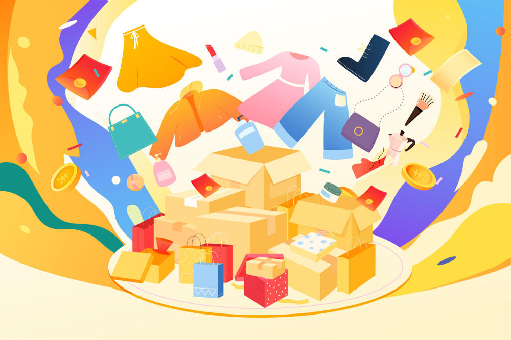 快递箱飞出商品电商促销矢量插画横图