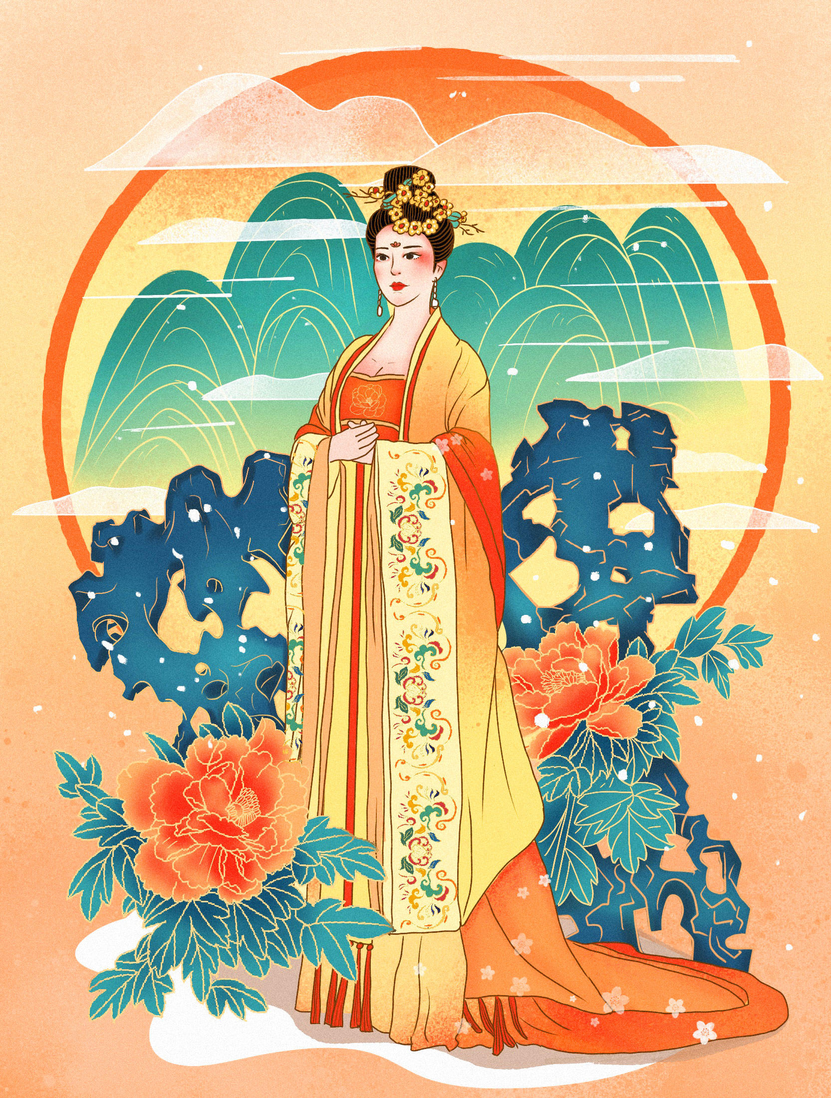 扁平噪点插画国潮中式插画仕女图