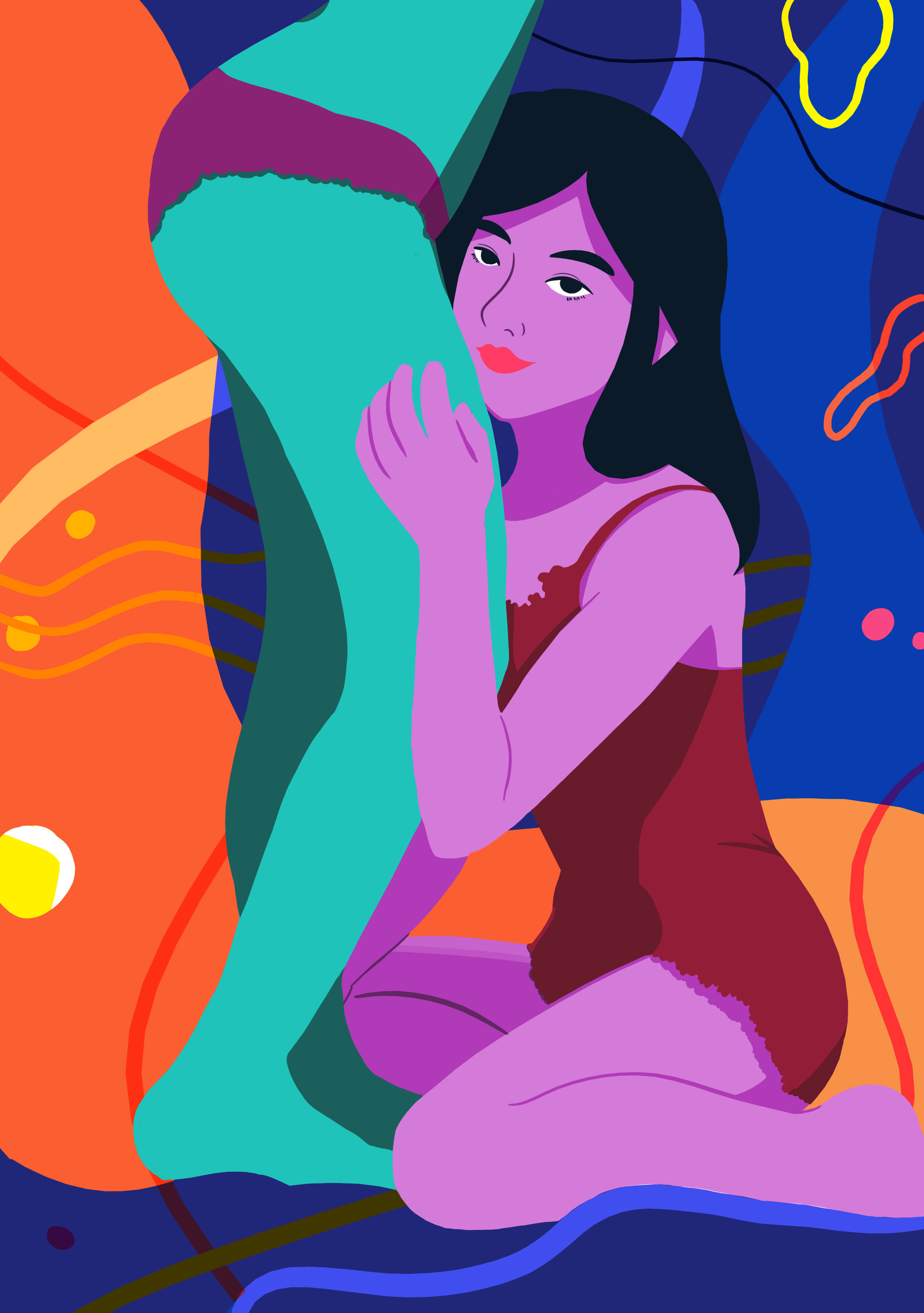 双人女孩高饱和度时尚装饰插画