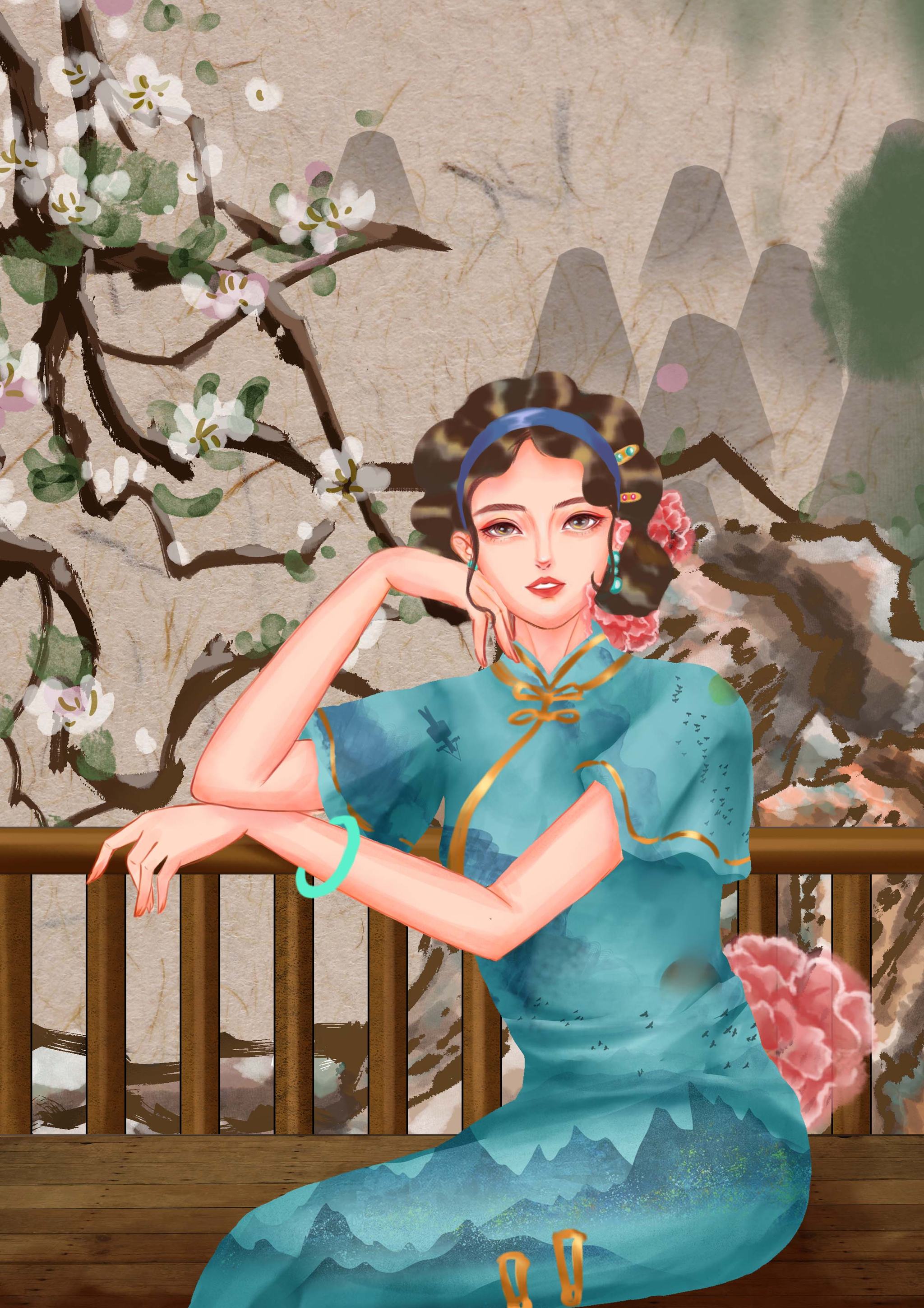 民国风中国风国潮旗袍美女插画