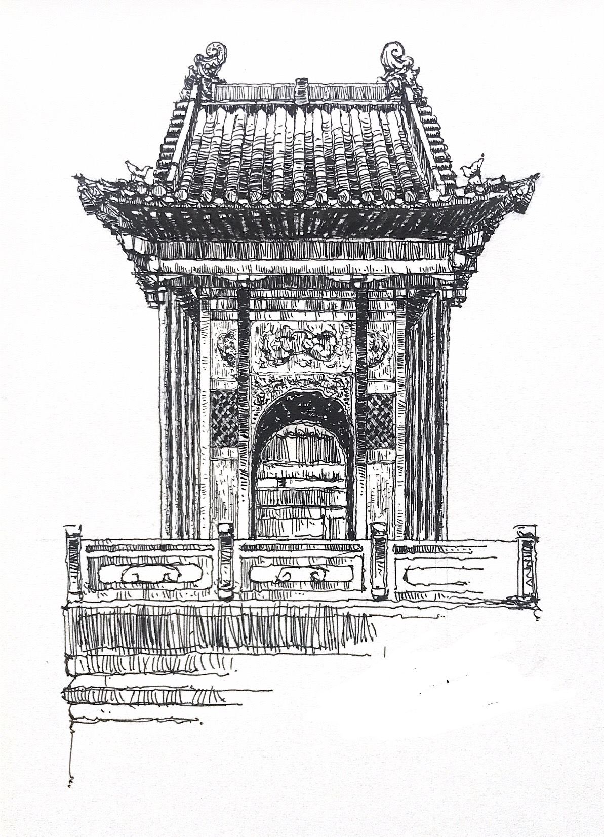 钢笔速写手绘 中国风古建筑 古风插画