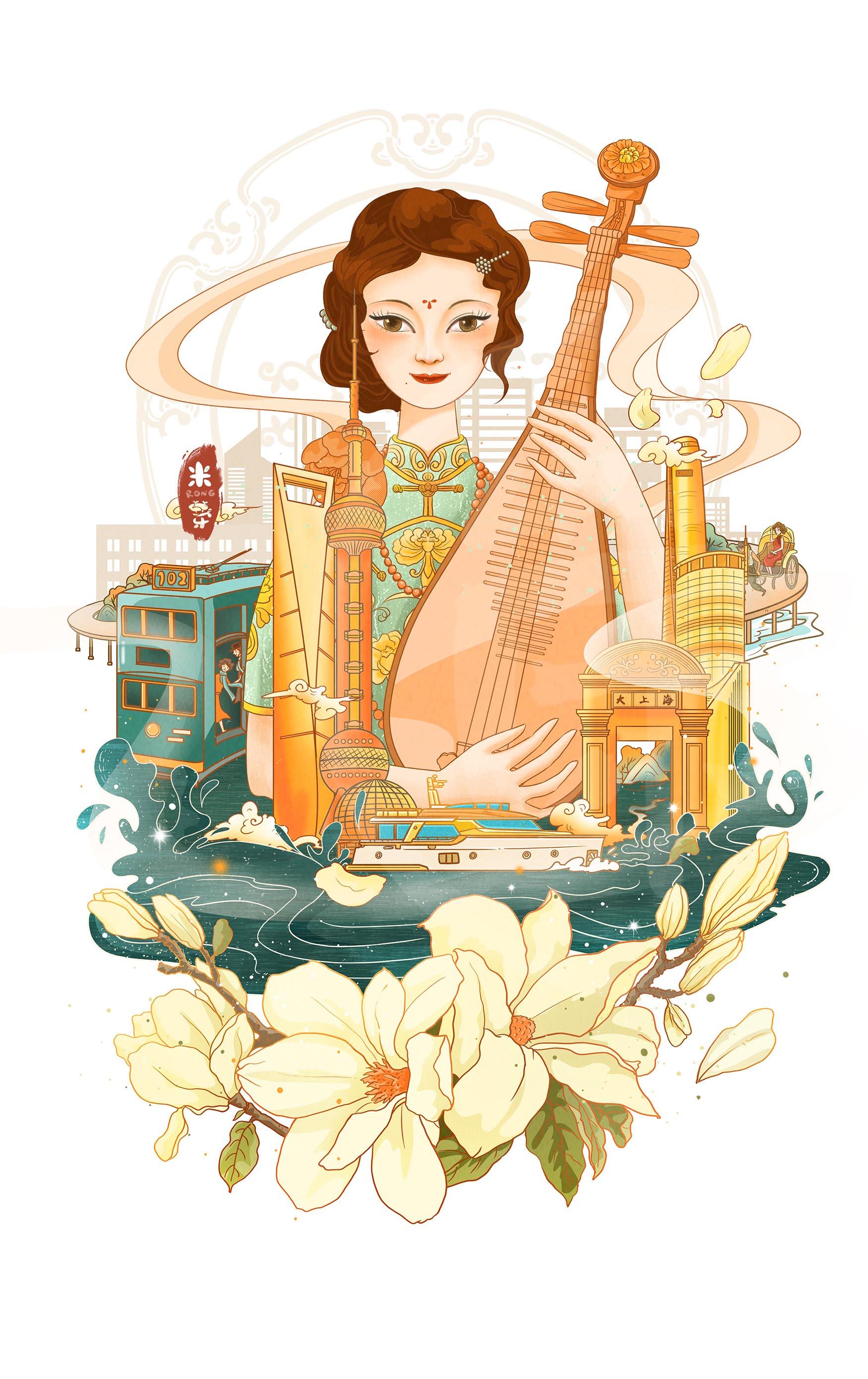 中国风城市组合插画