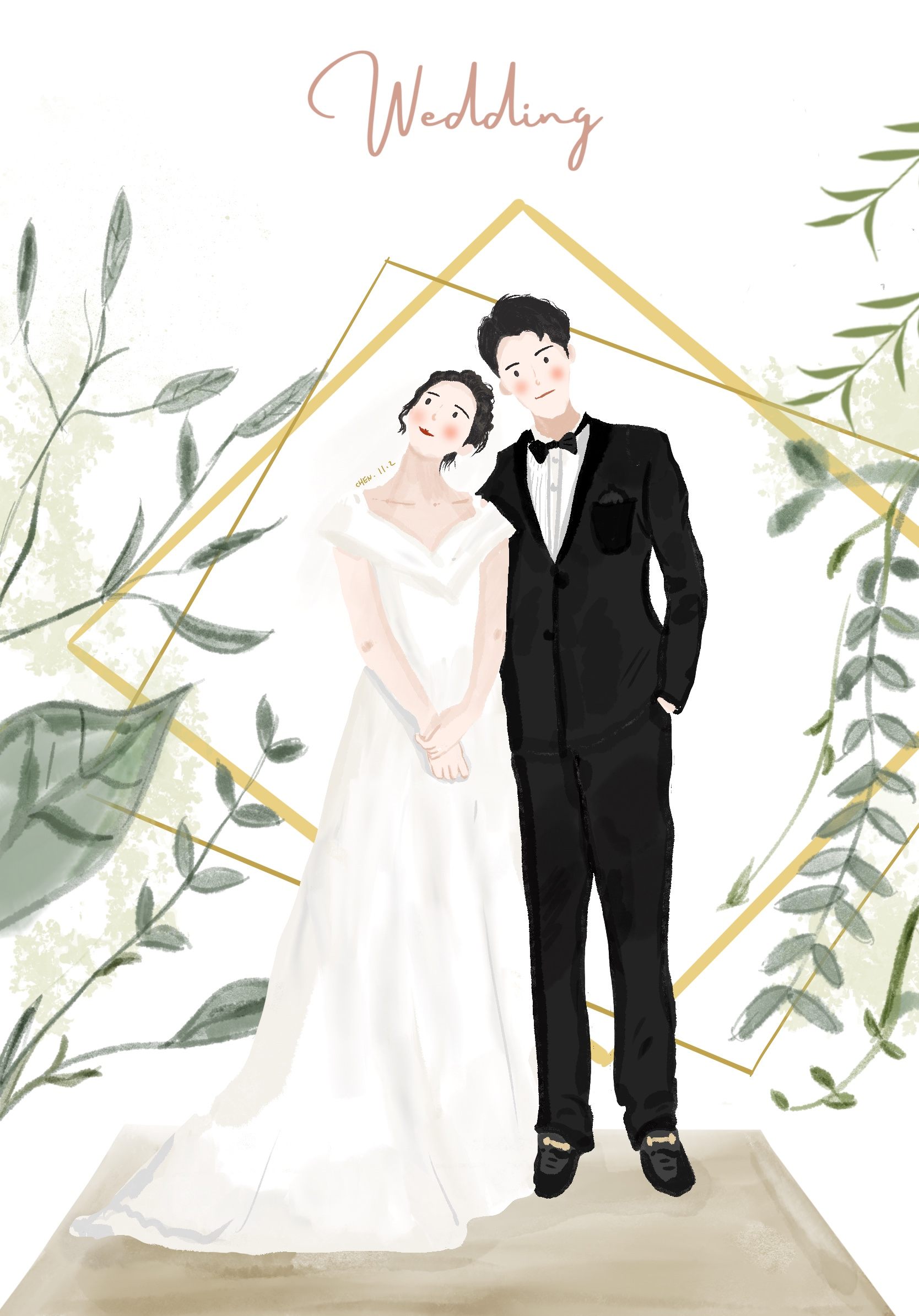 婚纱照手绘插画