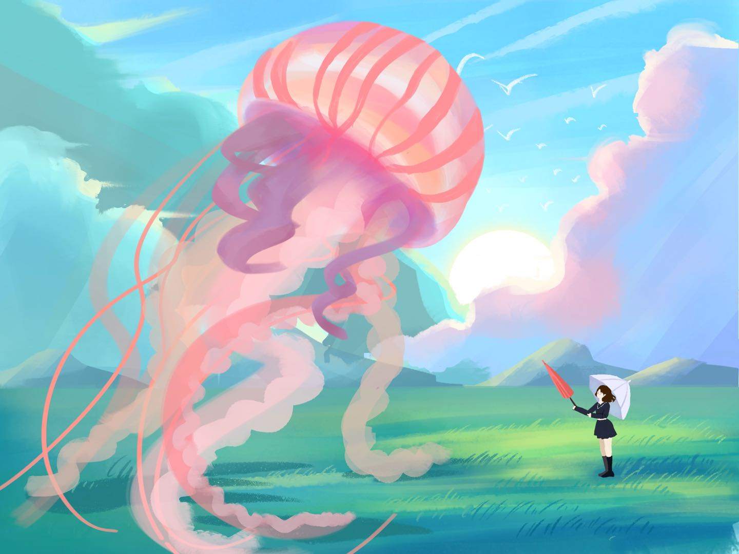 二次元治愈风插画少女与水母