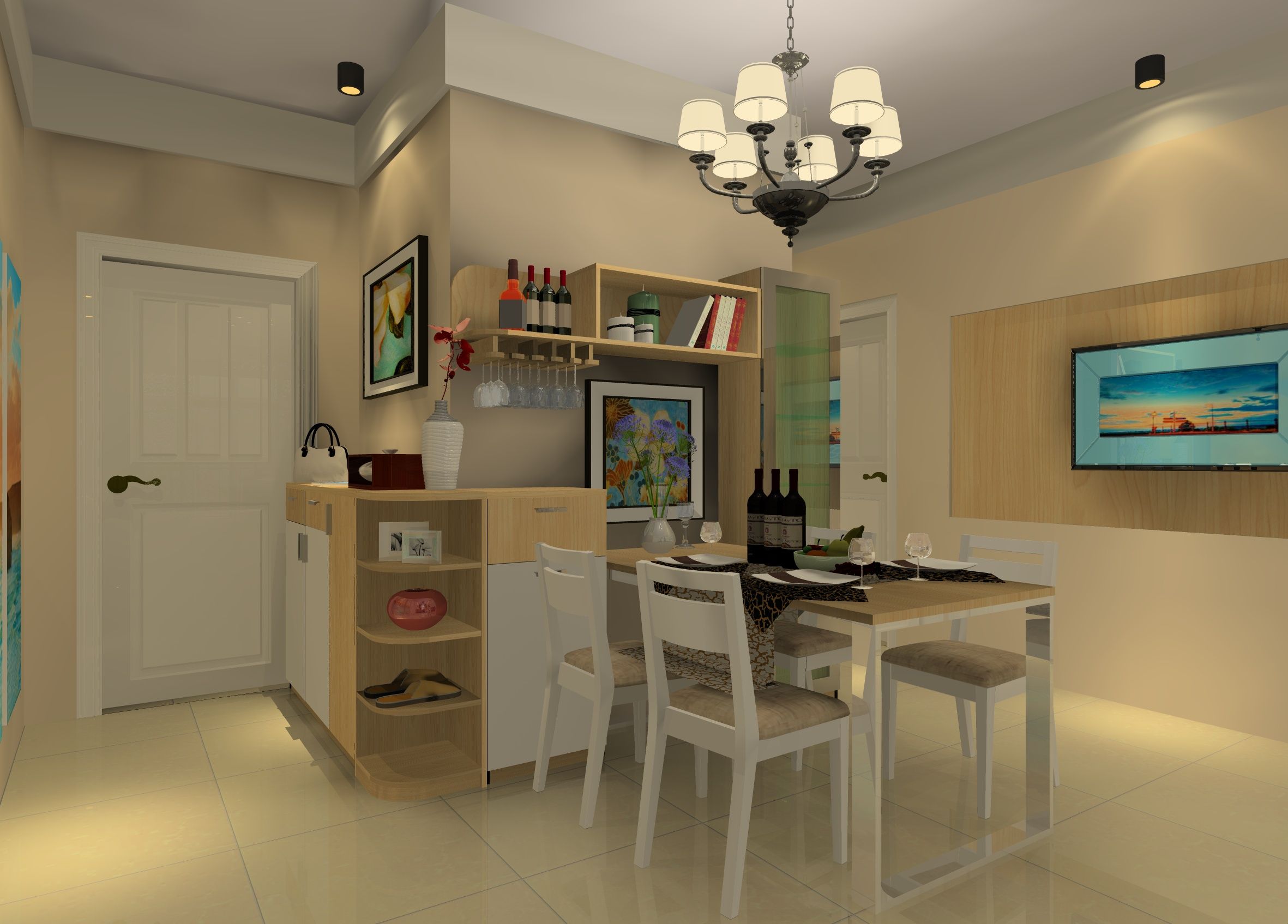 现代 客厅餐桌鞋柜组合设计 不吊顶设计