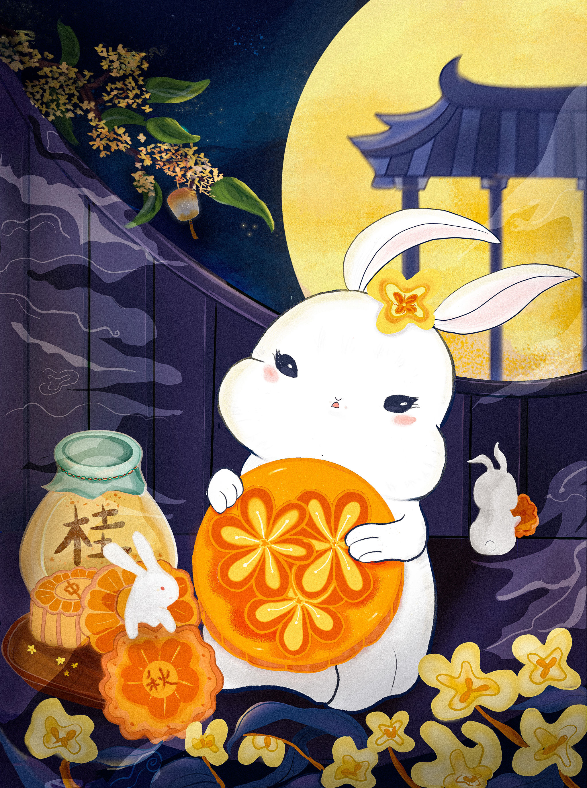 节日i 中秋·兔子吃月饼喝桂花酒插画