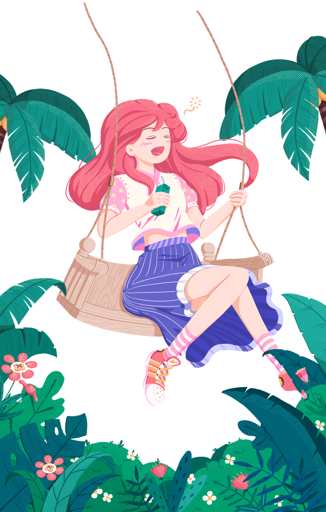 产品包装插画热带雨林活力少女椰汁饮料欢快荡秋千