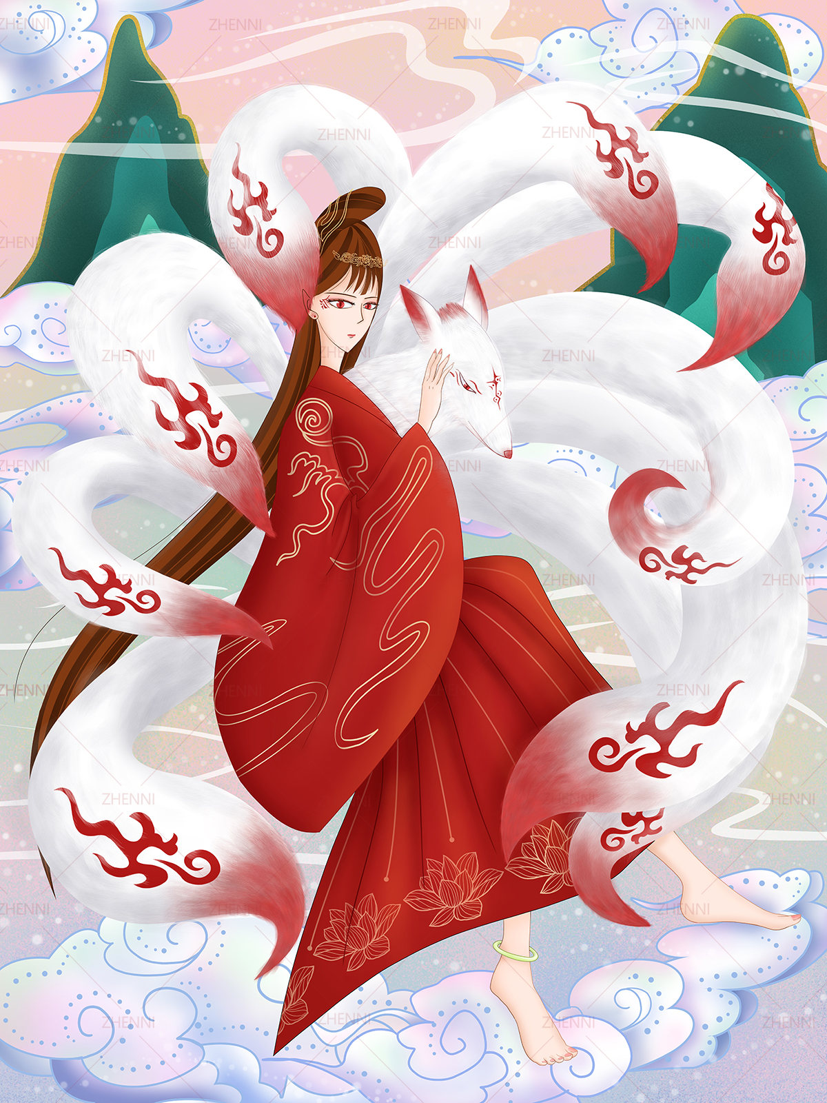 山海经之九尾狐国风插画