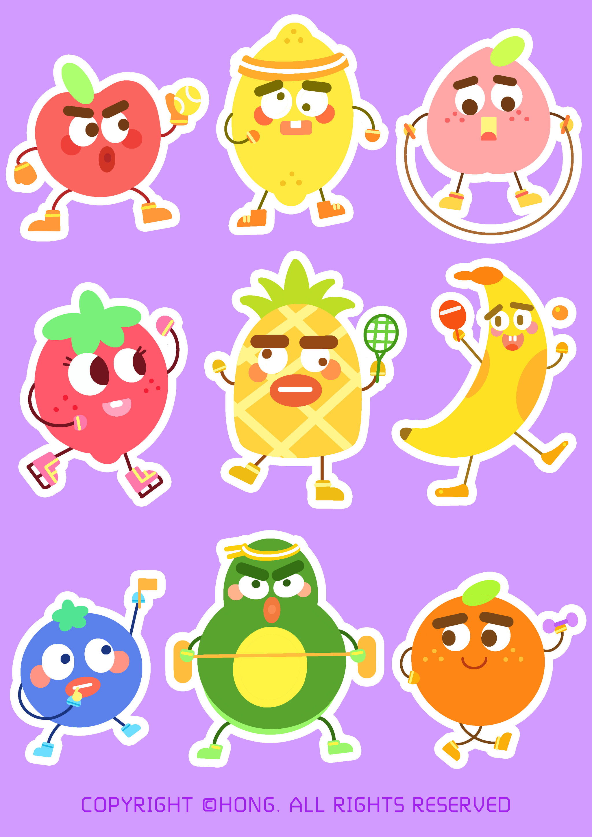 原创插画贴纸水果运动会