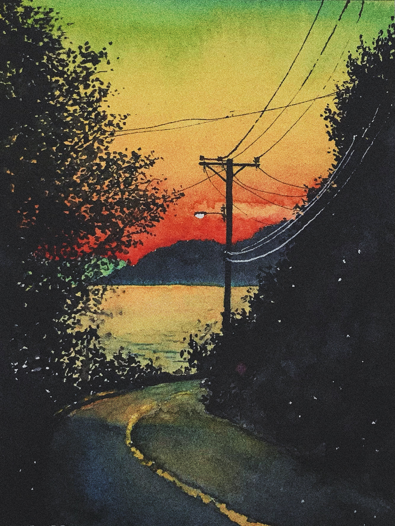 水彩手绘晚霞插画街角