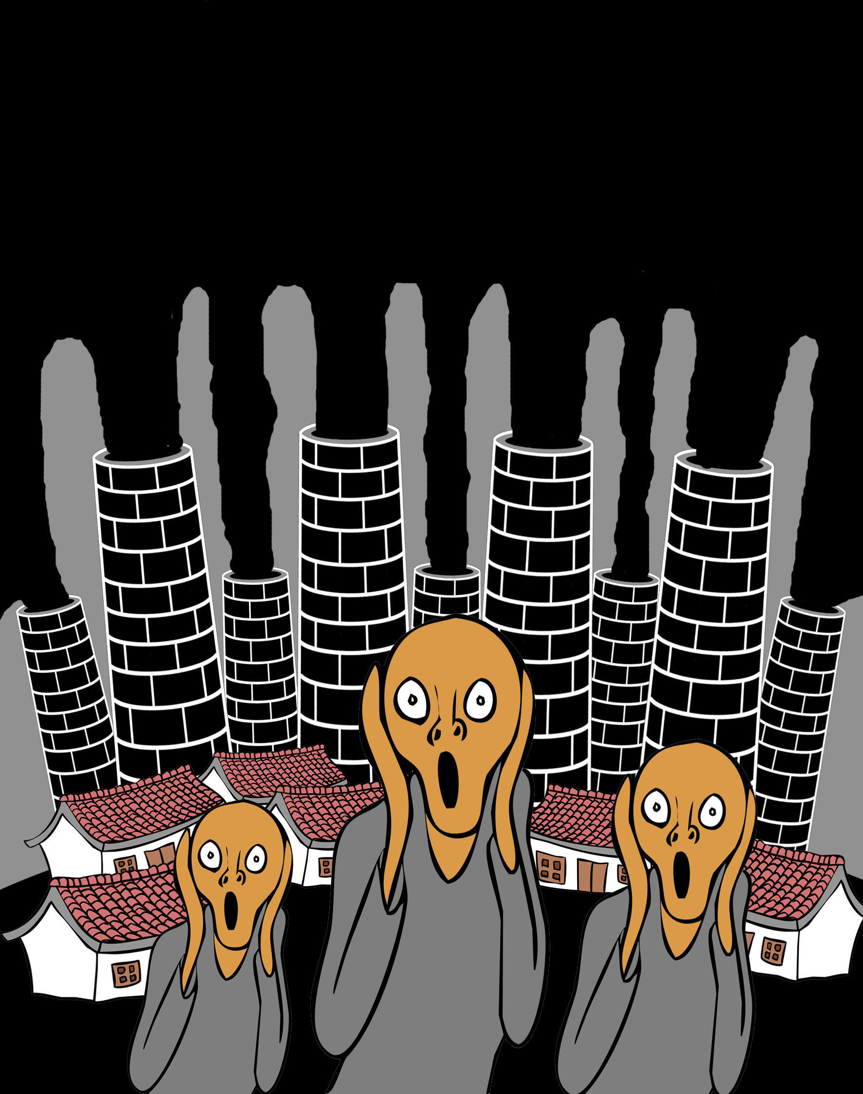 环境污染大气污染呐喊村庄黑烟漫画插画