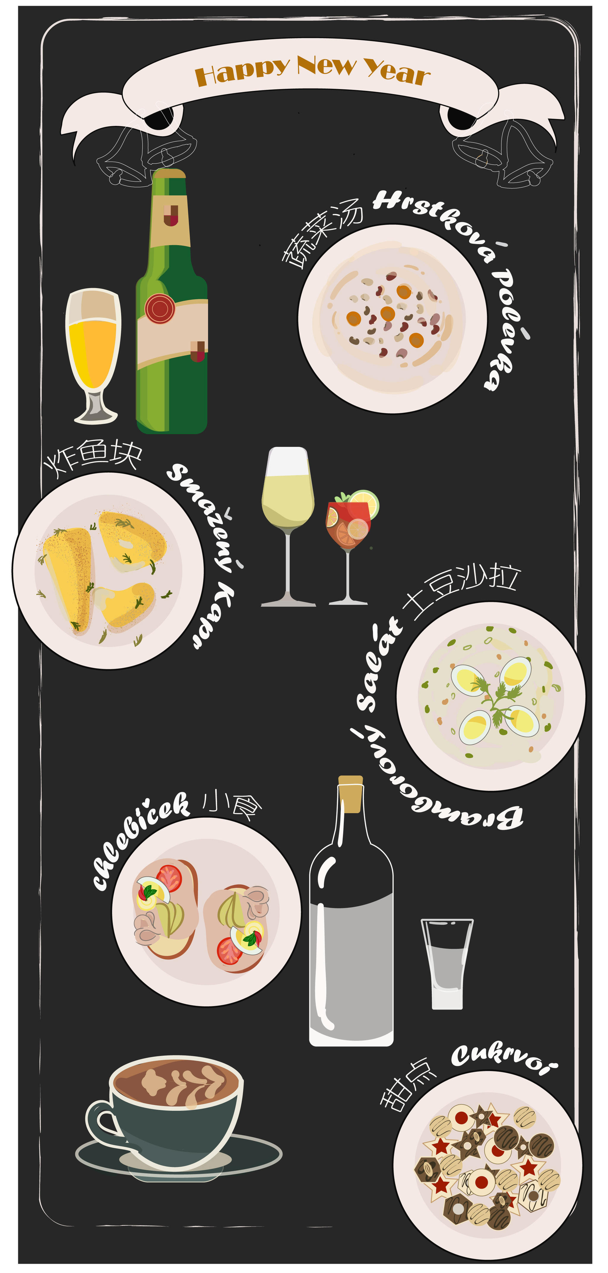 西餐的新年菜单矢量扁平插画