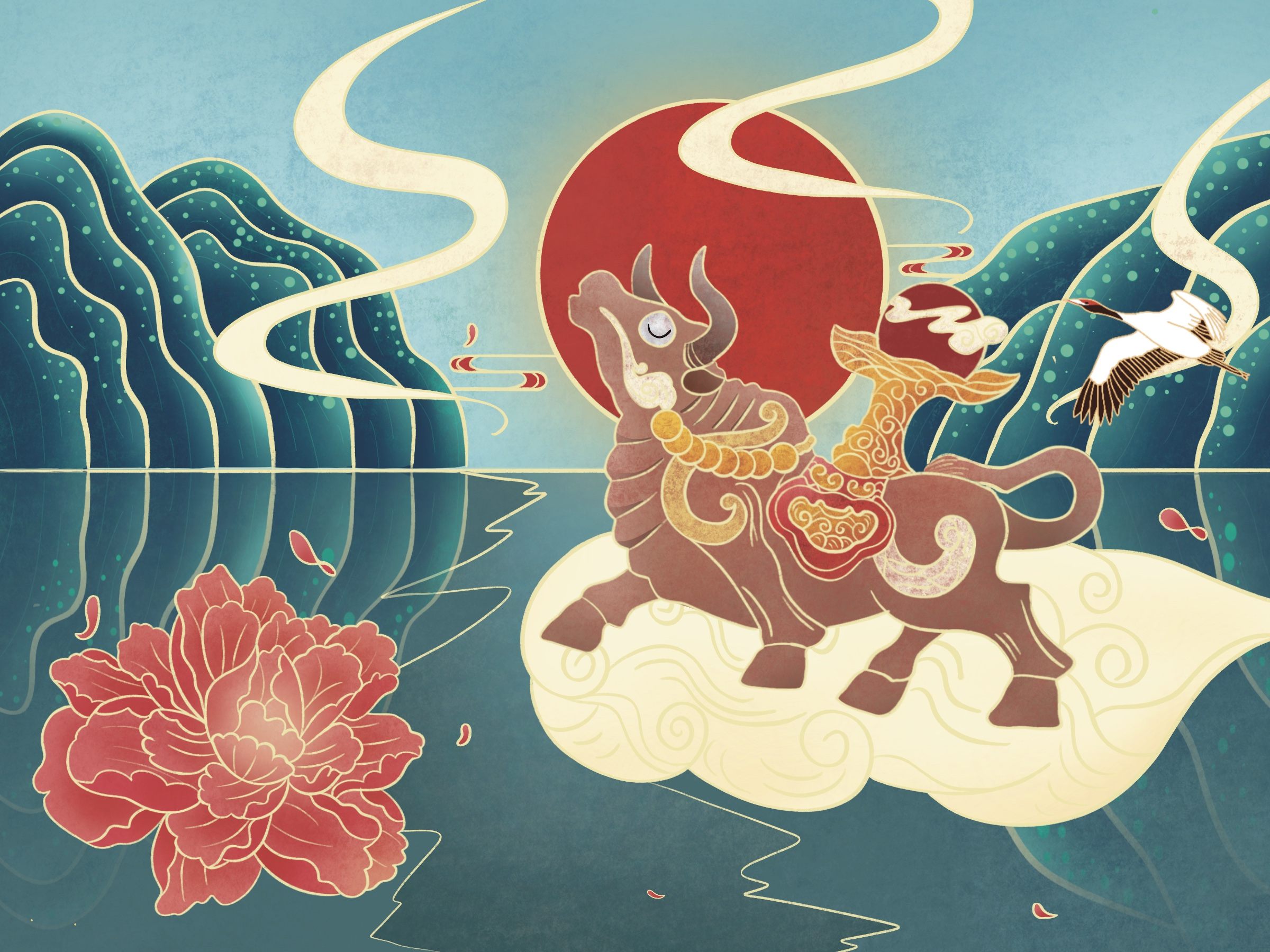 牛气冲天中国风插画