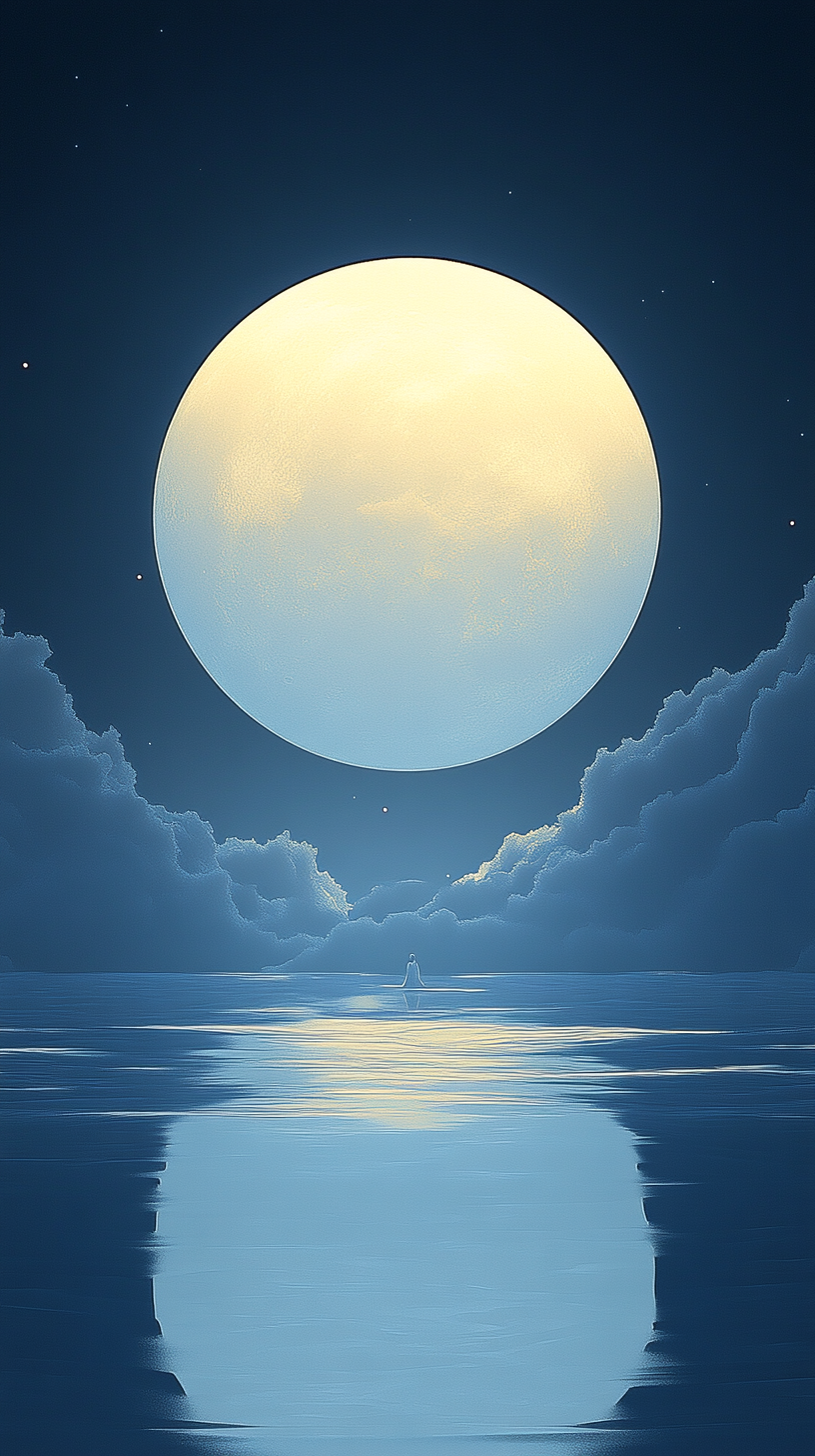 月亮倒影圆月星空氛围简约插画